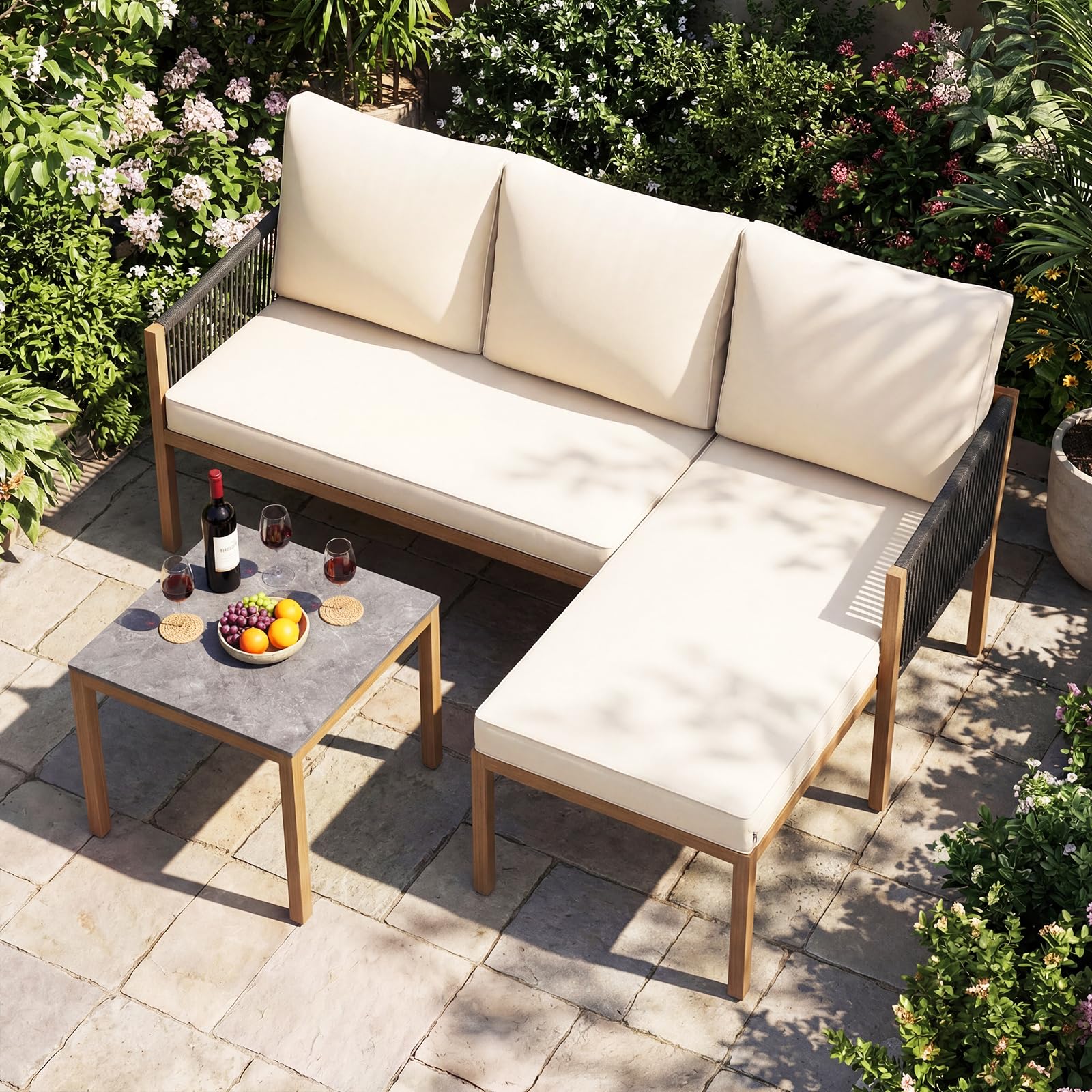 COSTWAY Set di Mobili da Giardino 3 Pezzi, Salotto da Esterno con 2 Divani Componibili a forma di L e Tavolino da Caffè, Set da Conversazione da Esterno con Cuscini Sfoderabili, per Patio e Terrazzo