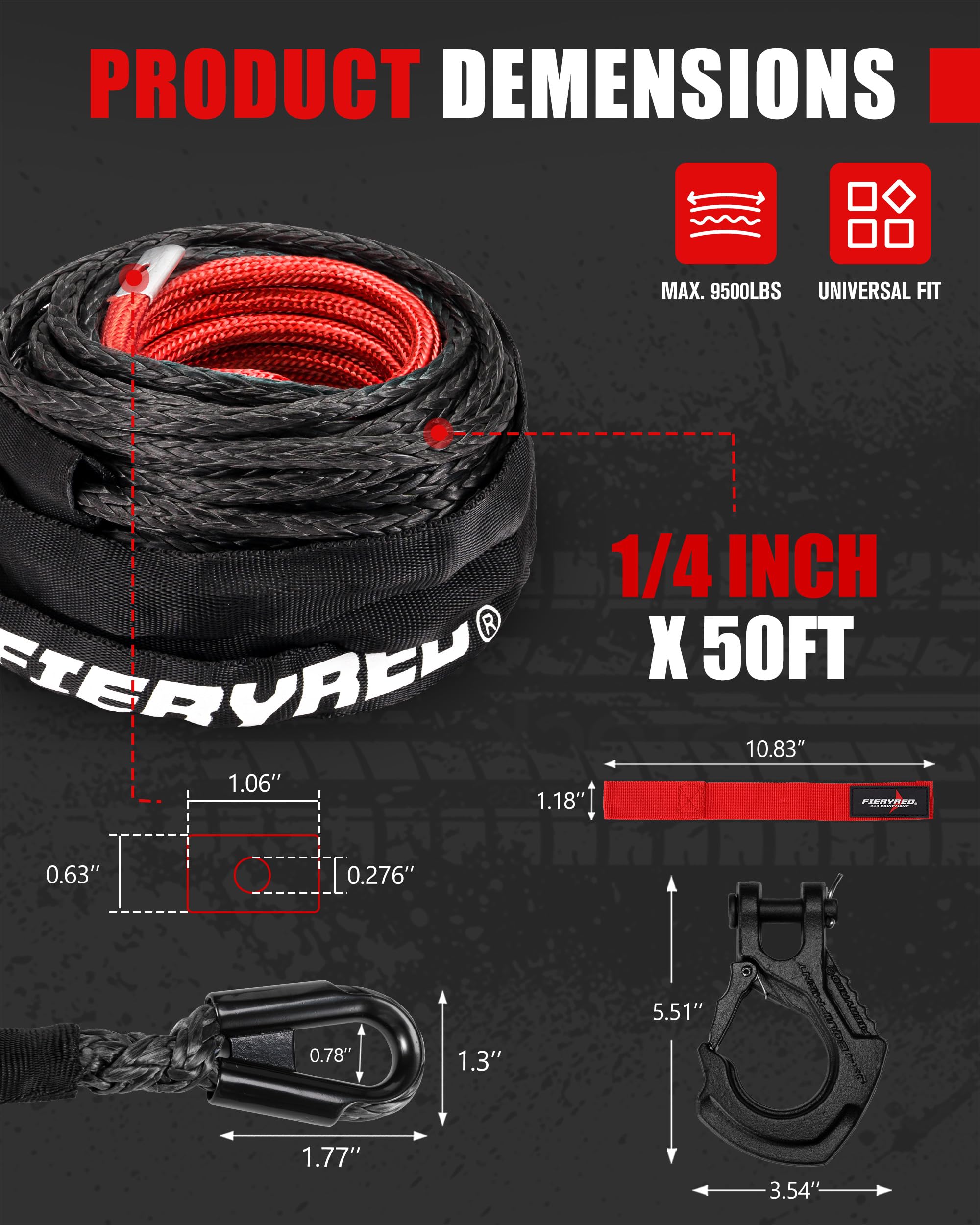 FIERYRED 1/4" 1500 kg 4009 kg syntetyczny zestaw linowy wciągarki z kutym hakiem i paskiem, zamiennik linii wyciągarki do wciągarki 1580-2000 kg do wyciągarki terenowej ATV UTV