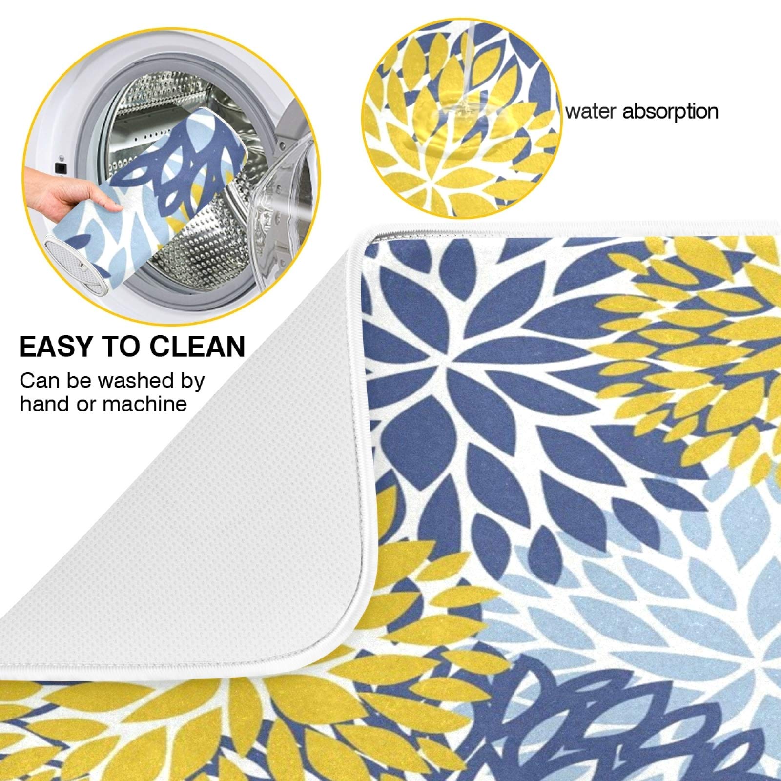 Kcldeci Blue Yellow Floral Dish Drying Mat for Kitchen 16x18 inch Drying Pad Dish Drainer Mat Dish Rack Drainer Pad For Kitchen Counter