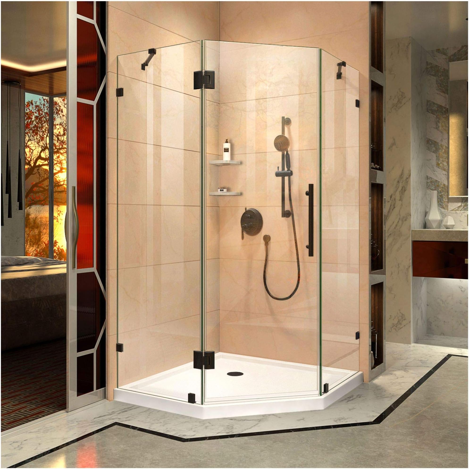 DreamLine Prism Lux 42 in. x 74 3/4 in. Fully Frameless Neo-Angle Shower Enclosure in Oil Rubbed Bronze with White Base, DL-6053-06