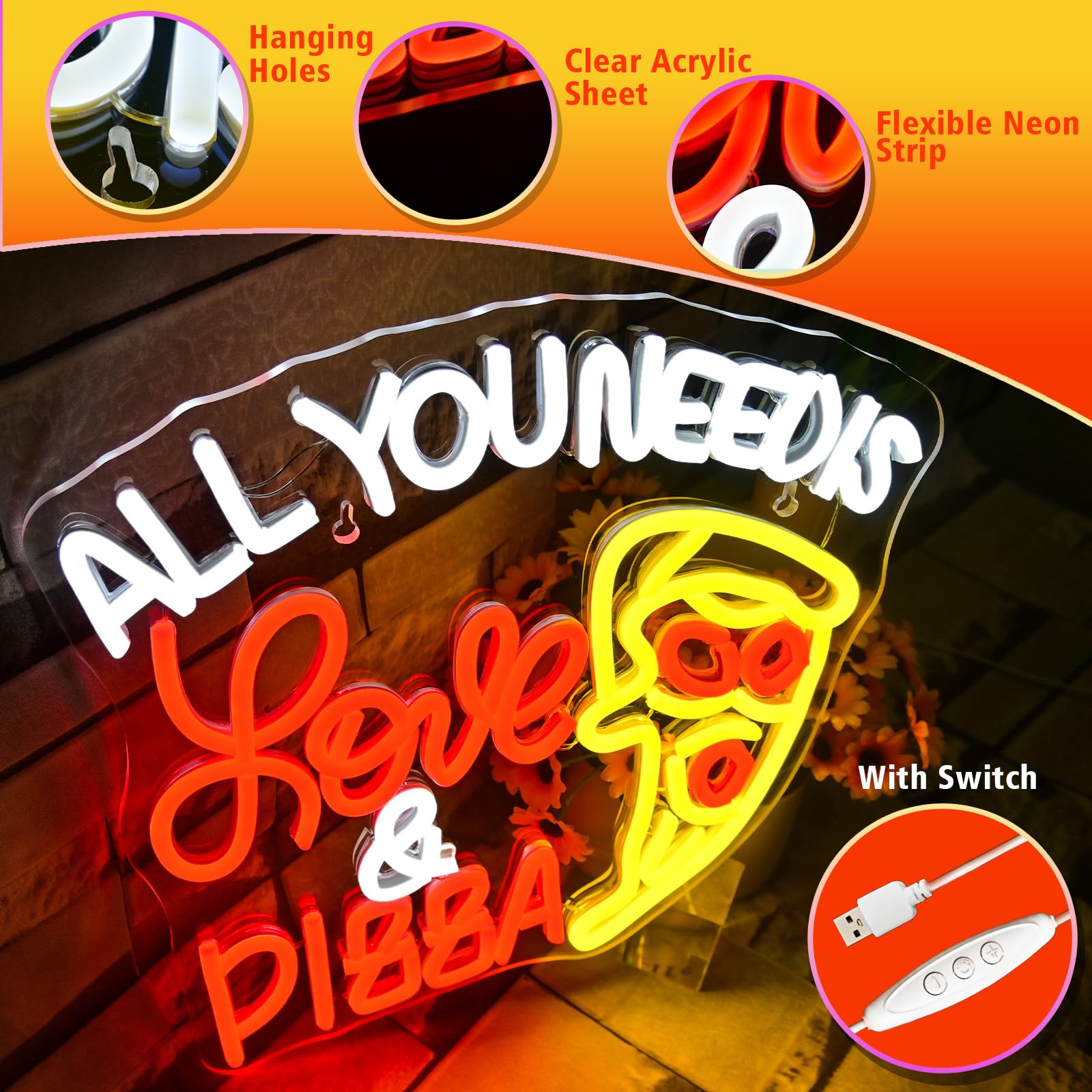 VYXIN All You Need Is Love & Pizza Neon Light Sign USB Pizza Neon Sign for Restaurant Dimmable Led Sign for Wall Decor Pizza Parlour Bistro Kitchen Restaurant Food Festival Party - Image 2