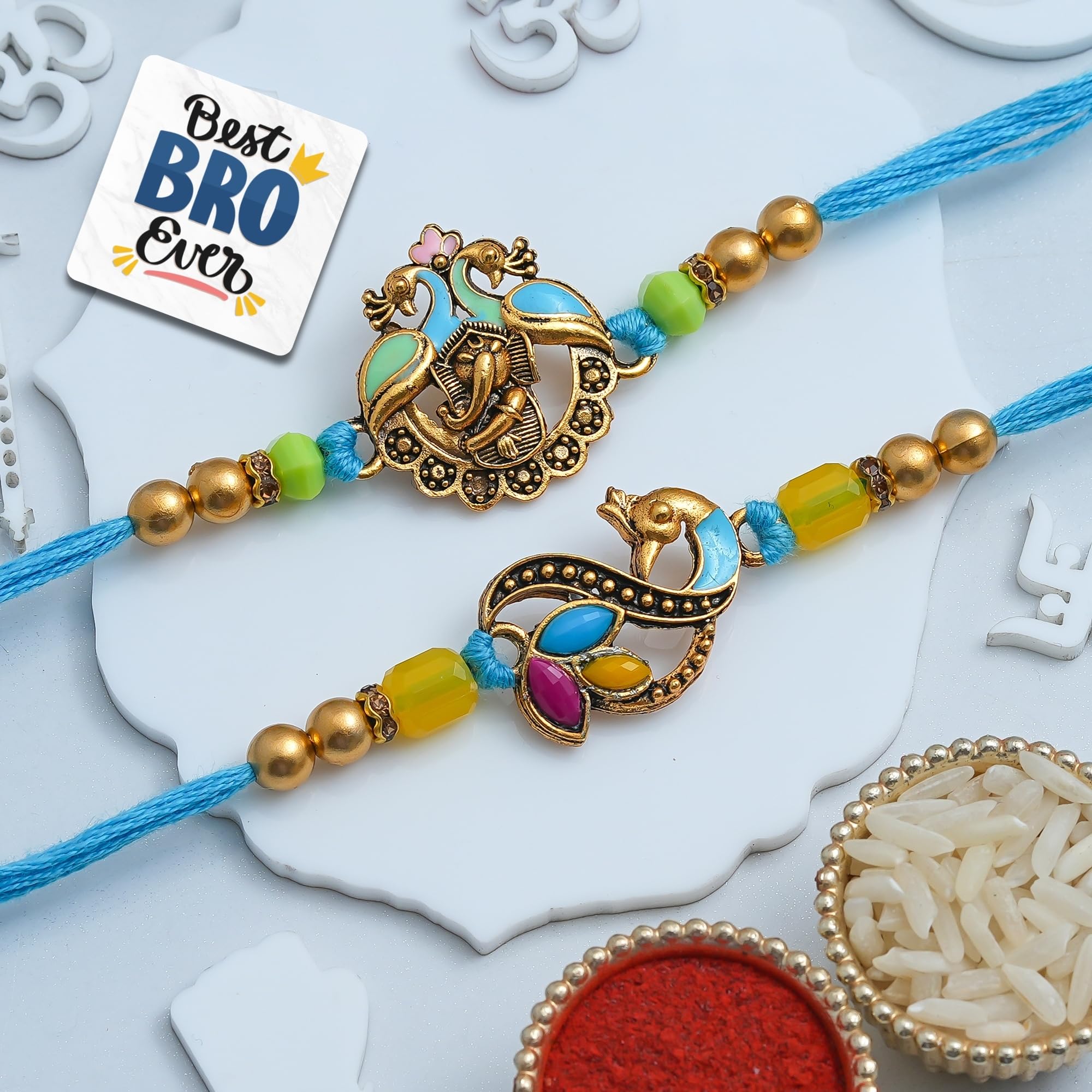eCraftIndia Peacock Lord Ganesha Rakhi Set of 2 | Rakhi for Brother Bhaiya Bhai with Best Bro Ever Fridge Magnet | Roli Chawal Pack