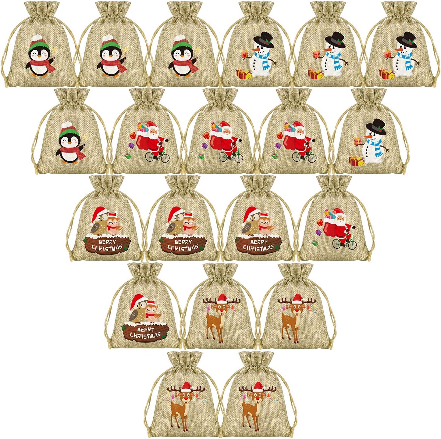 FEPITO 25Pcs xmas gift bags Burlap Christmas Drawstring Bags Small
