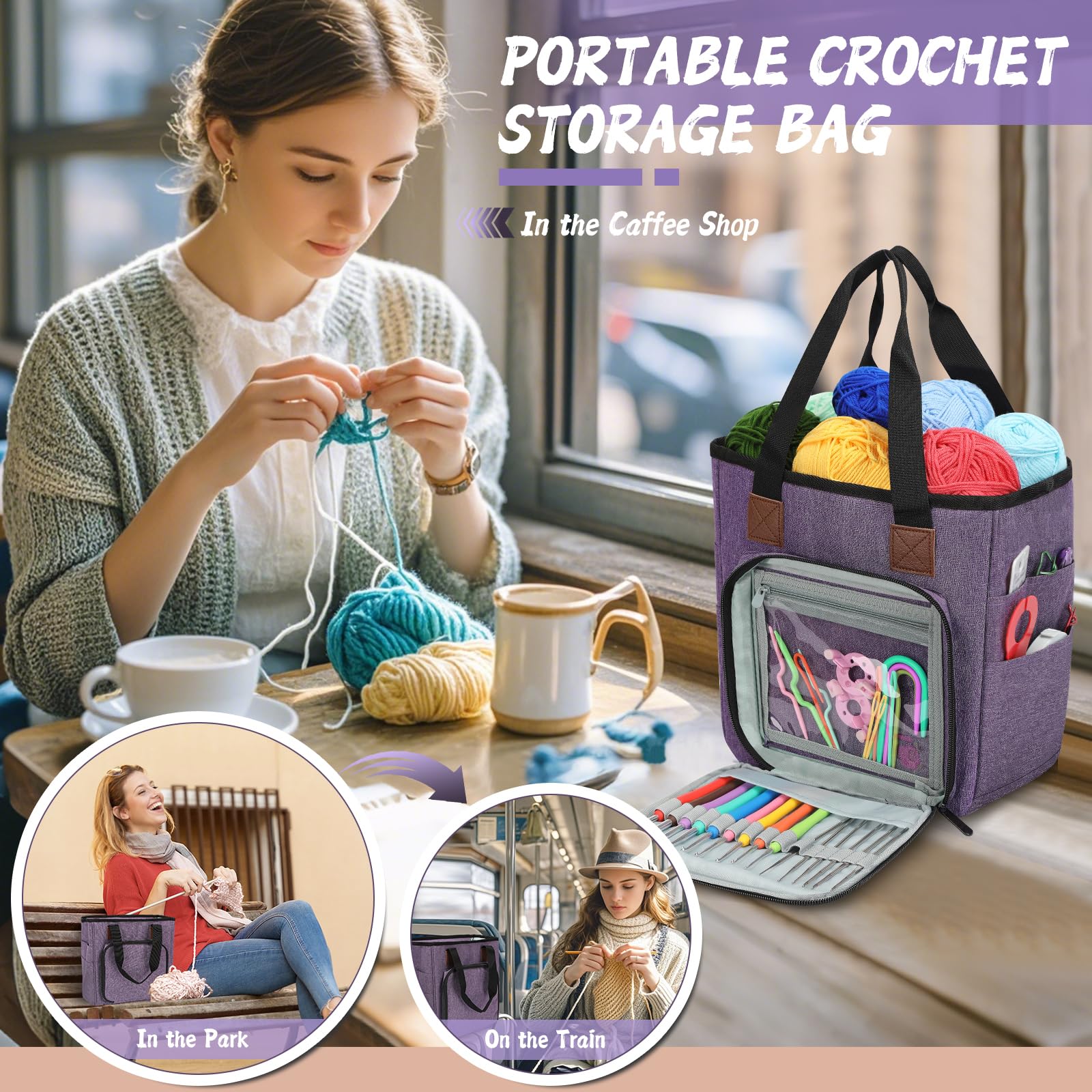 Bolsa de Crochet para Labores de Tejer, una Bolsa para el Kit de Ganchillo y Pelotas de Lana, Bolsa Individual sin Accesorios (Morado)