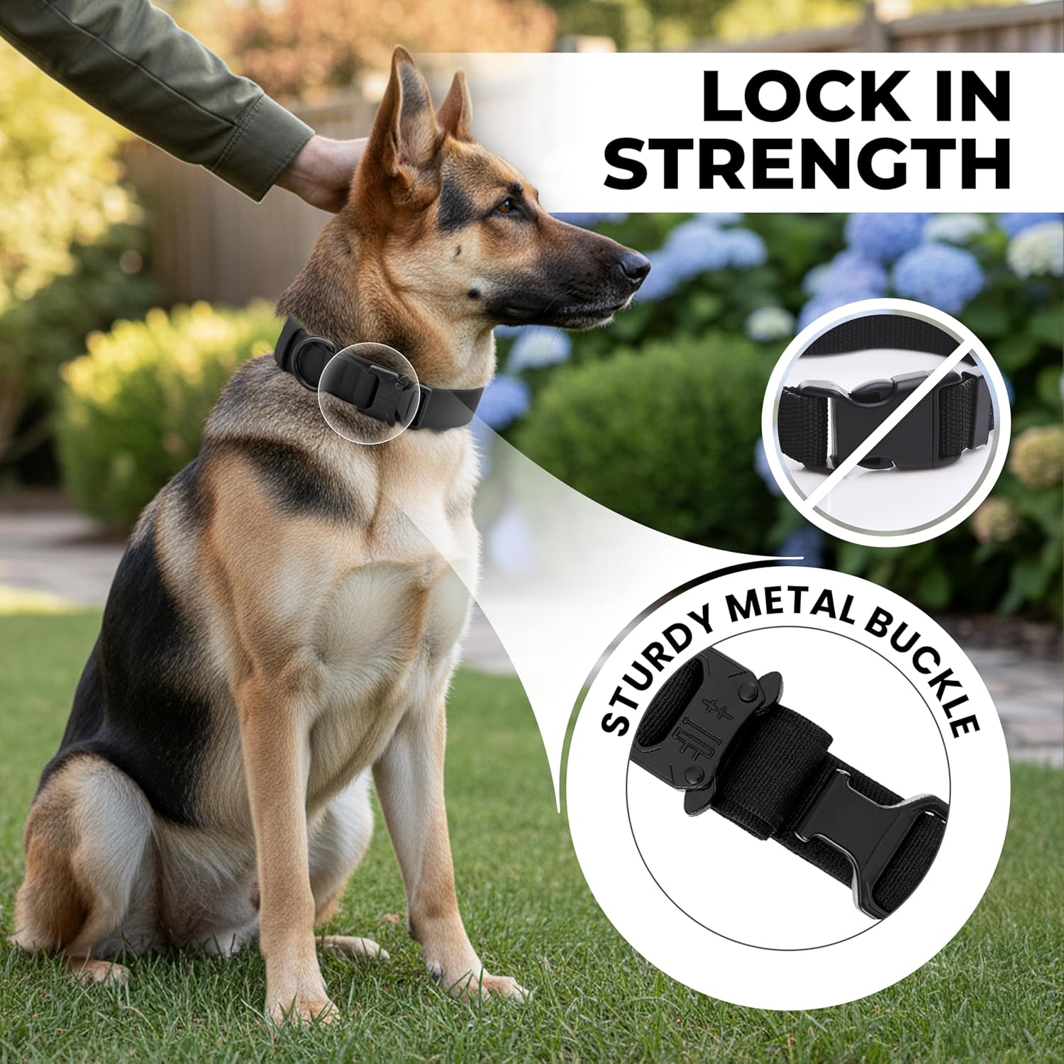Heavy Duty Tactical Dog Collar – Adjustable Training Collar with Metal Buckle for Large Dogs – Durable, Comfortable, Secure Fit – The Pup Quartet (Black, XL)