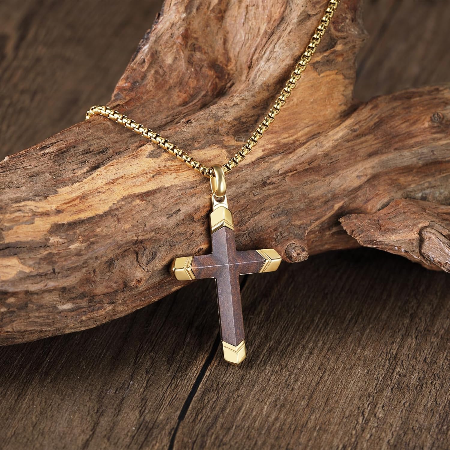 Wooden Cross Necklace for Men, 18K Gold Plated Stainless Steel Mens Cross Necklaces Hand Inlaid Real Ebony, Christian Black Wood Crucifix Pendant 24" Box Chain - Image 8