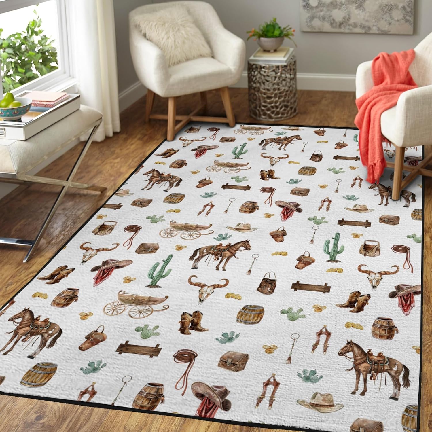 Western Cowboy Area Rugs Cowboy Hat Boots Coins Cactus Goat Skull Horse Throw Carpets Baby Cowboy Nursery Bedding Decor Rugs Floor Mat for Bedroom Living Room Bathroom Kitchen Playmats 20x32inch