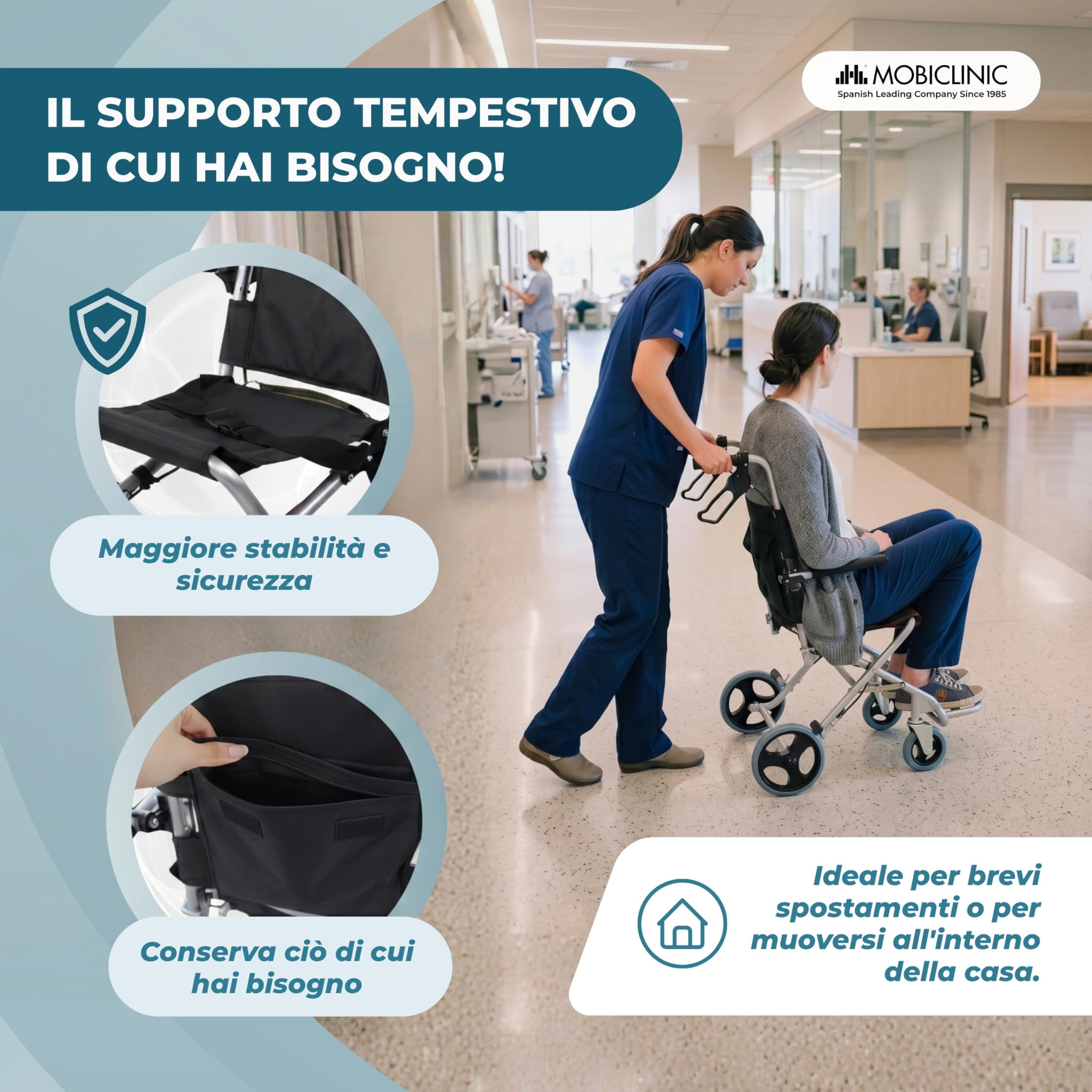 Mobiclinic, Sedia a rotelle da transito, Neptuno, Alluminio, Pieghevole, Freno sulle maniglie, Marchio europeo, Poggiapiedi pieghevoli, Braccioli, Leggero, Cintura di sicurezza, Ergonomia