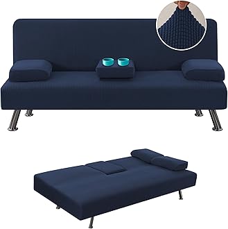 H.VERSAILTEX 4 Pieces Stretch Futon Covers Sofa Bed Slipcover with Removable Armrests and Cupholders Covers Furniture Protector High Spandex Small Checks Jacquard Fabric, Navy