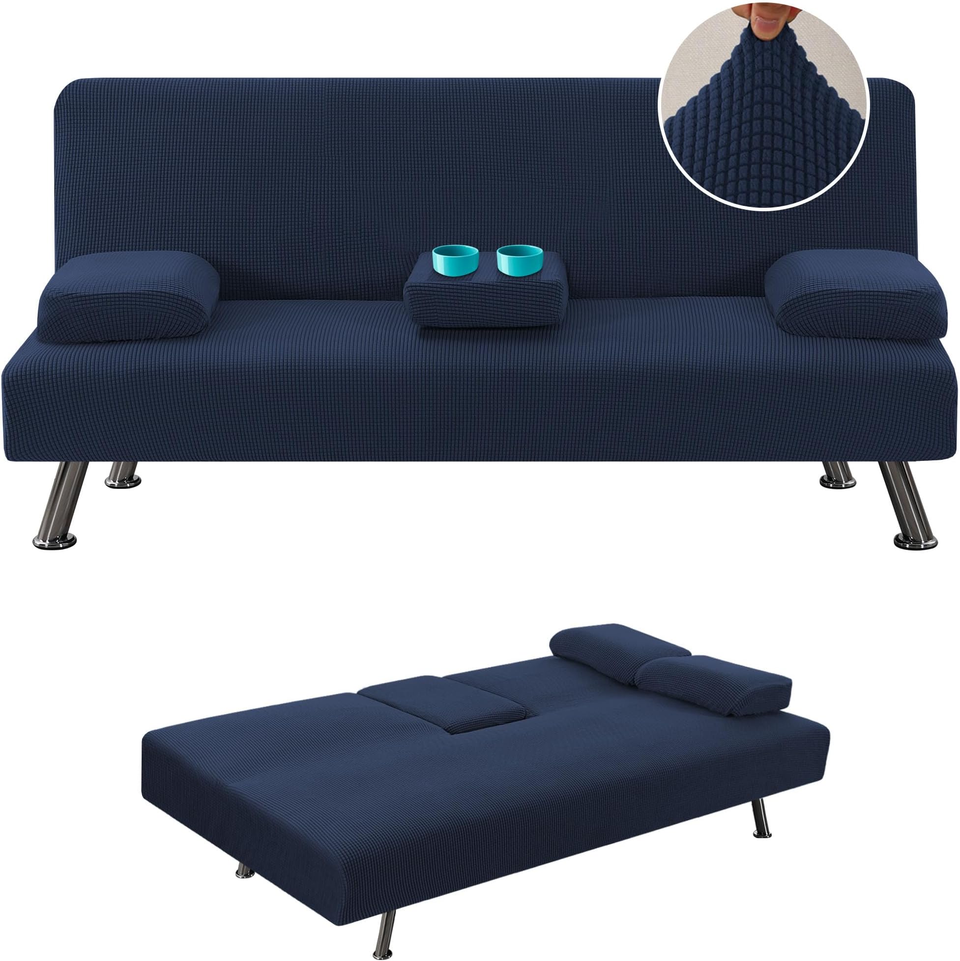 4 Pieces Stretch Futon Covers Sofa Bed Slipcover with Removable Armrests and Cupholders Covers Furniture Protector High Spandex Small Checks Jacquard Fabric, Navy