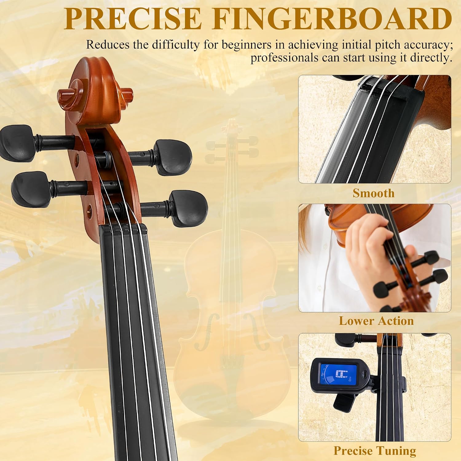 Violin 4/4 Full Size Set, 4/4 Violin Fiddle Basswood with Case & Rosin Padded Shoulder Rest, Wood Fiddle with Mute & Electronic Tuner, Bridge & Extra Strings for Adults, Beginners, Students (Style 4)