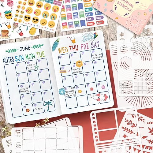 Miniatura 6 de Juego de plantillas para diarios de viñetas, kit de suministros/accesorios para diario de viñetas, incluye 24 plantillas de planificador punteado