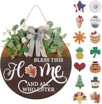 Interchangeable Seasonal Welcome Sign for Front Door, Rustic Round Wood Wreath Wall Hanging Decorations, for Spring Summer Fall Winter All Holiday Halloween Christmas Farmhouse Outdoor Home Decor
