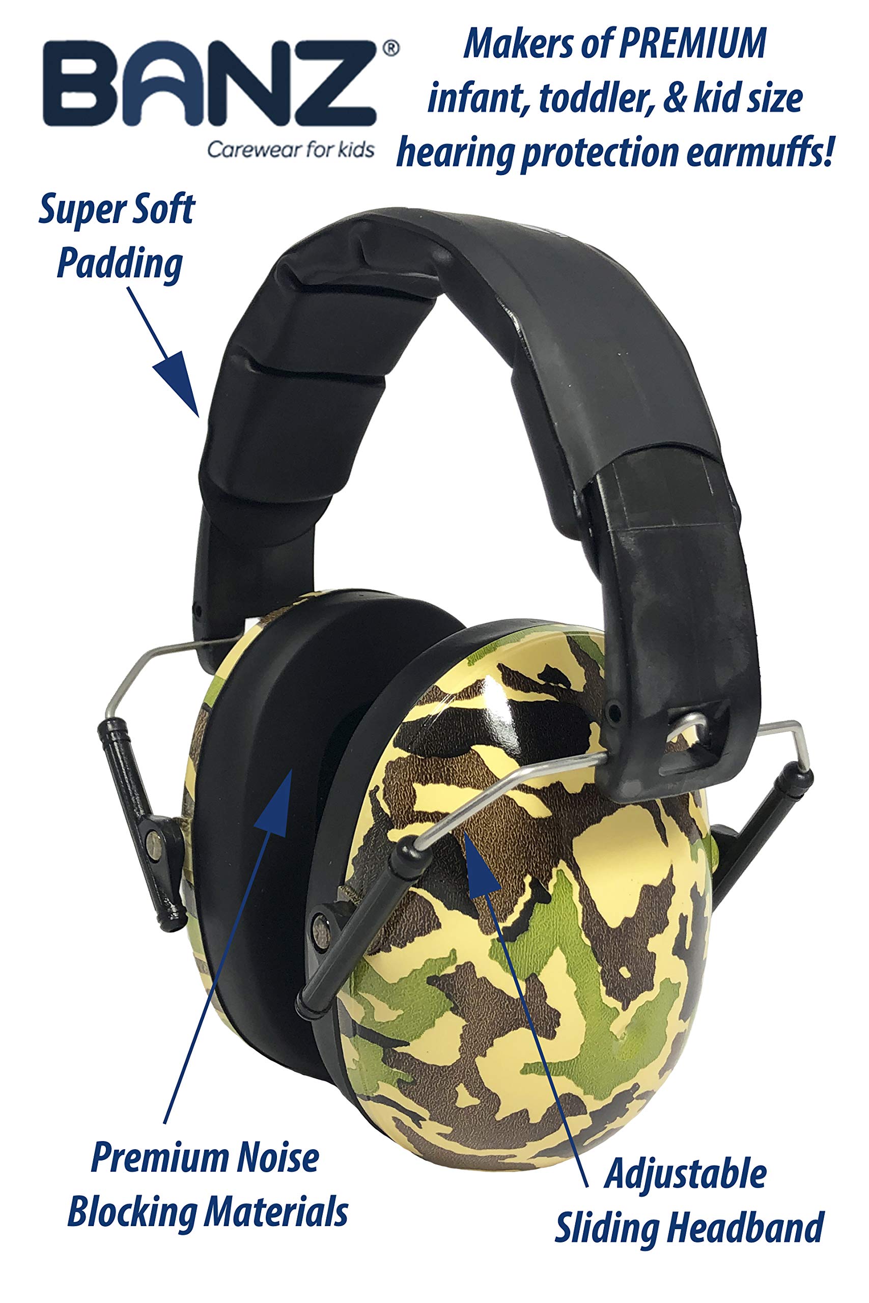 BANZ Paraorecchie morbido e confortevole con protezione apparecchi acustici per neonati e bambini piccolo (Valutazione di riduzione del rumore leader nel settore industriale) Camo verde