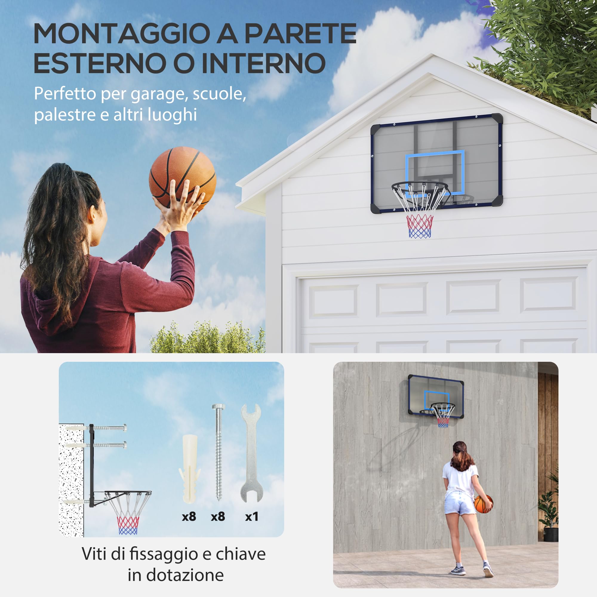 SPORTNOW Canestro Basket da Muro per Interno ed Esterno, Mini Canestro da Basket con Tabellone Infrangibile e Cerchio in Acciaio, 113x61x73 cm