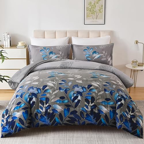 Miniatura 8 de DJY Juego de edredón azul tamaño King, edredón de hojas botánicas azul marino para cama King, juego de edredón reversible floral de 3 piezas, juego