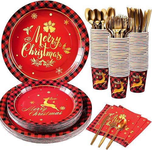 Juego de 175 platos de papel de aluminio para fiesta de Navidad, con diseño de alce, desechables, servilletas, tazas para Año Nuevo, boda,