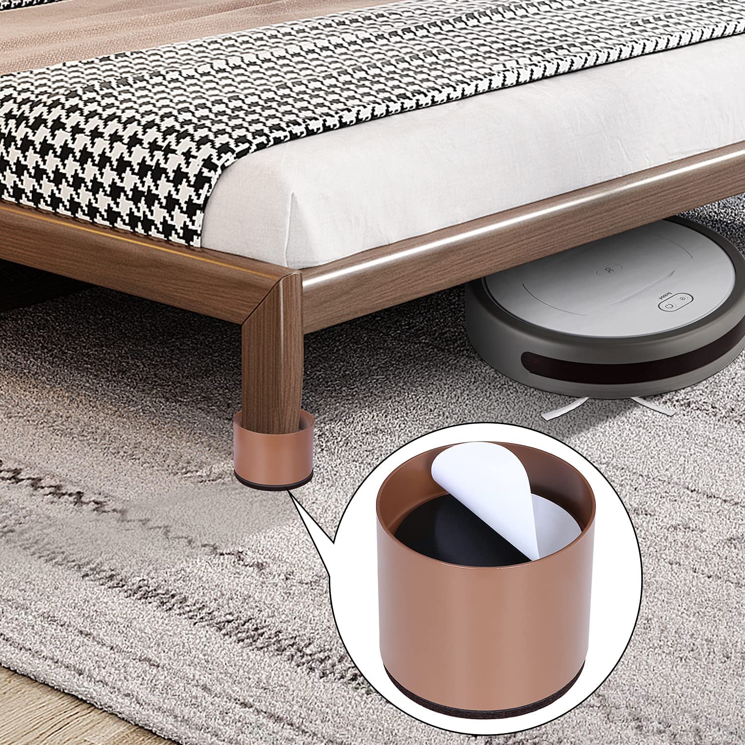Ezprotekt Riser per letto da 9,5 x 8,5 x 5,7 cm, in acciaio massiccio, crea un ulteriore altezza di 5,1 cm, tavolo autoadesivo, resistente, protezione del pavimento (4 pezzi, marrone rotondo)