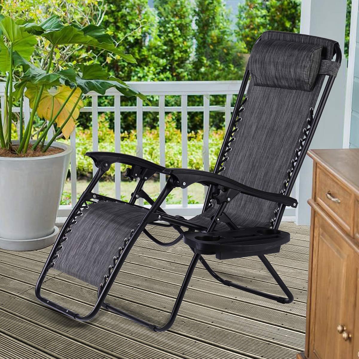 Set of 2 Adjustable Folding Steel Mesh Zero Gravity Lounge Chair Recliners w/Pillows and Cup Holder Trays, Pool Side Outdoor Yard Beach