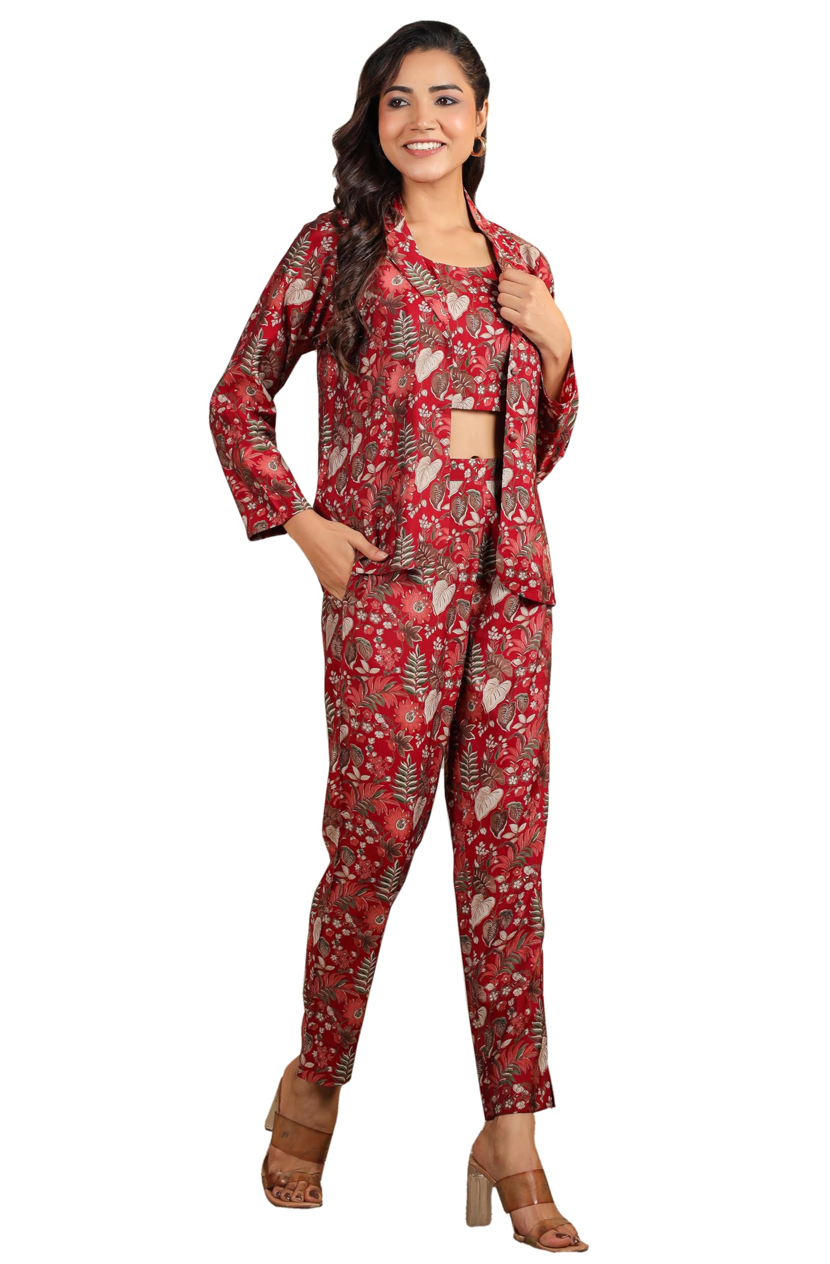 Women'S Maroon Chanderi Silk Floral Printed Top With Pant & Jacket Set