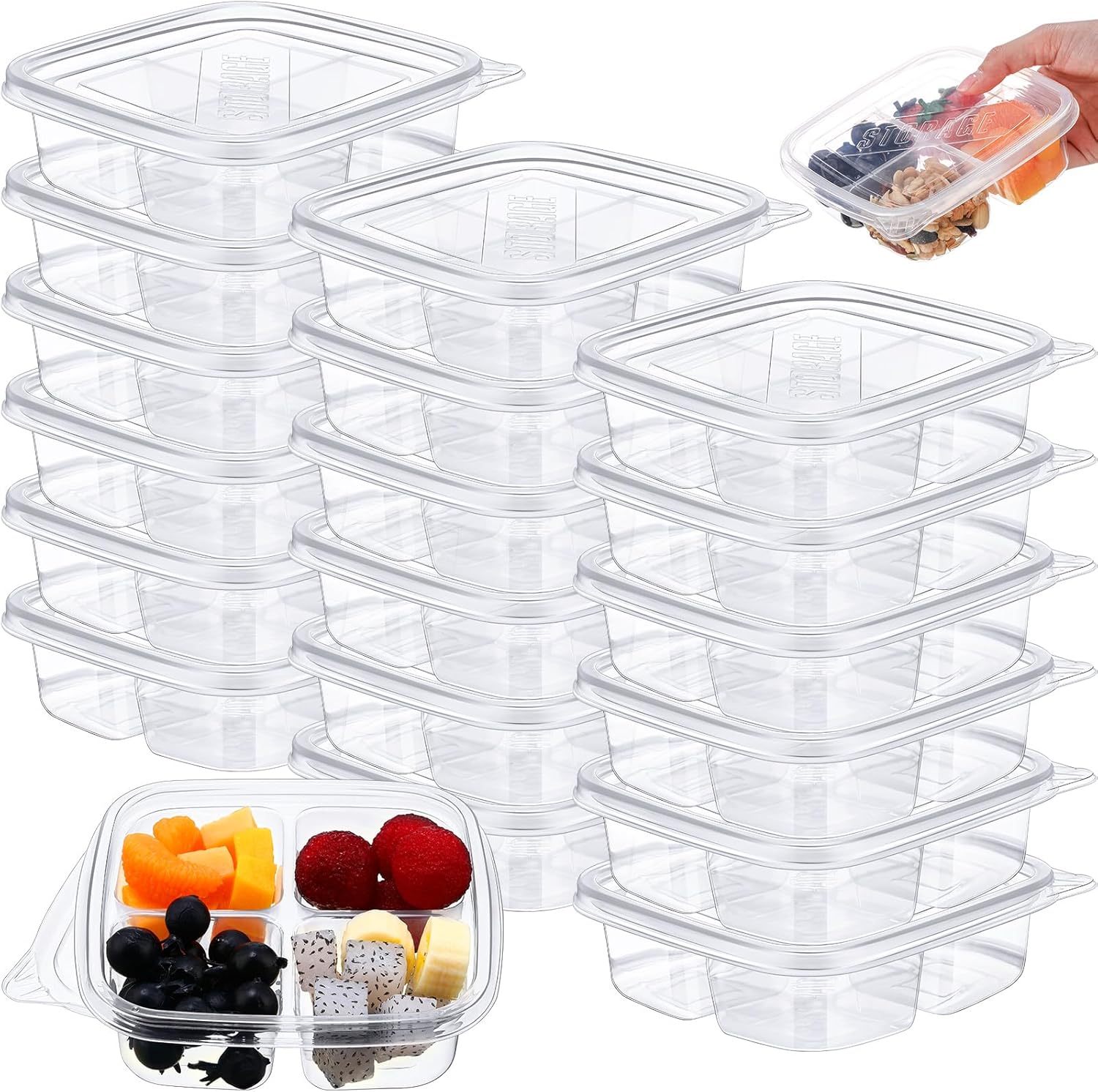 Dandat 50 Pcs Clear Plastic Bento Boxes 4 Compartment Reusable Snack Containers Leakproof Food Container Food Prep Bento Box with Lids Divided Food Storage Containers for Adults School Work Travel