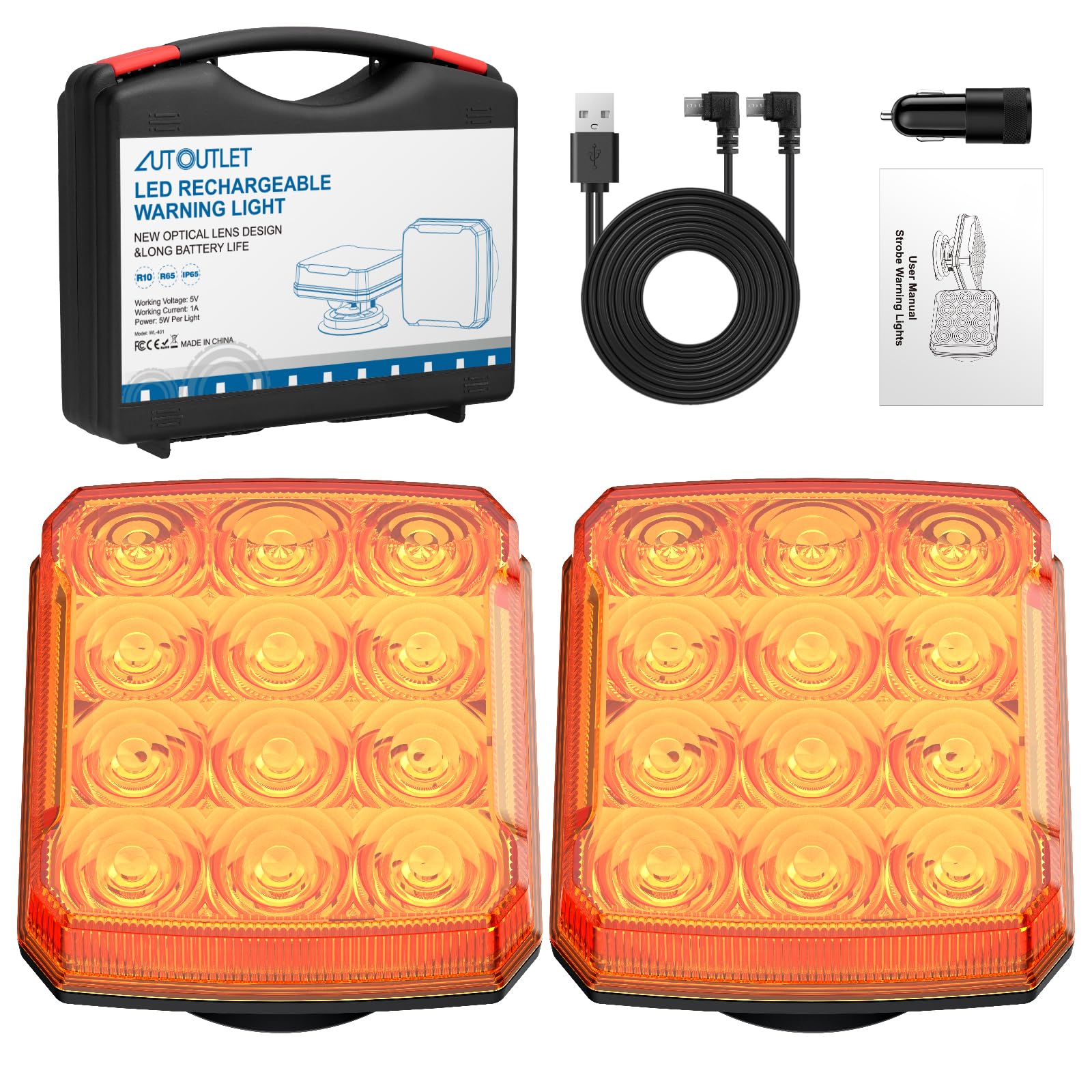 AUTOUTLET 2 Stück Warnleuchten Wiederaufladbar, Kabellose LED Magnetische Warnlicht mit 2000mAh Akku & 18 Blinkmodi, IP65 Wasserdicht Blinklichter E9 & E57 Mark, Warnung Beacon Notfall Lichter