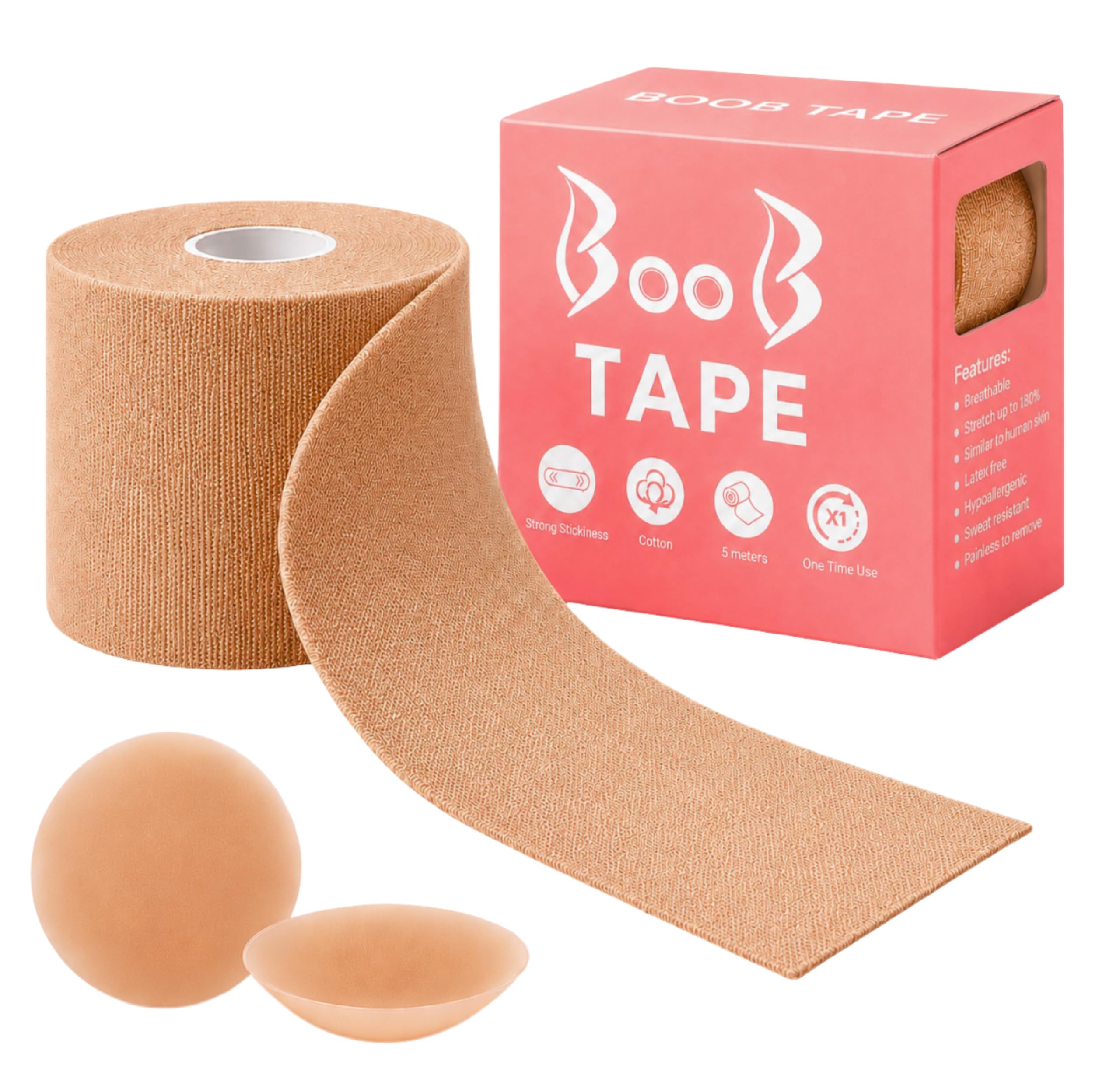 Aurenic Women's Skin 5M Boob Tape With 2 Silicone Nipple Covers, Bob Tape Roll For Large Breasts Lift, Stretchable Boobtapes For Strapless Outfits (Skin)