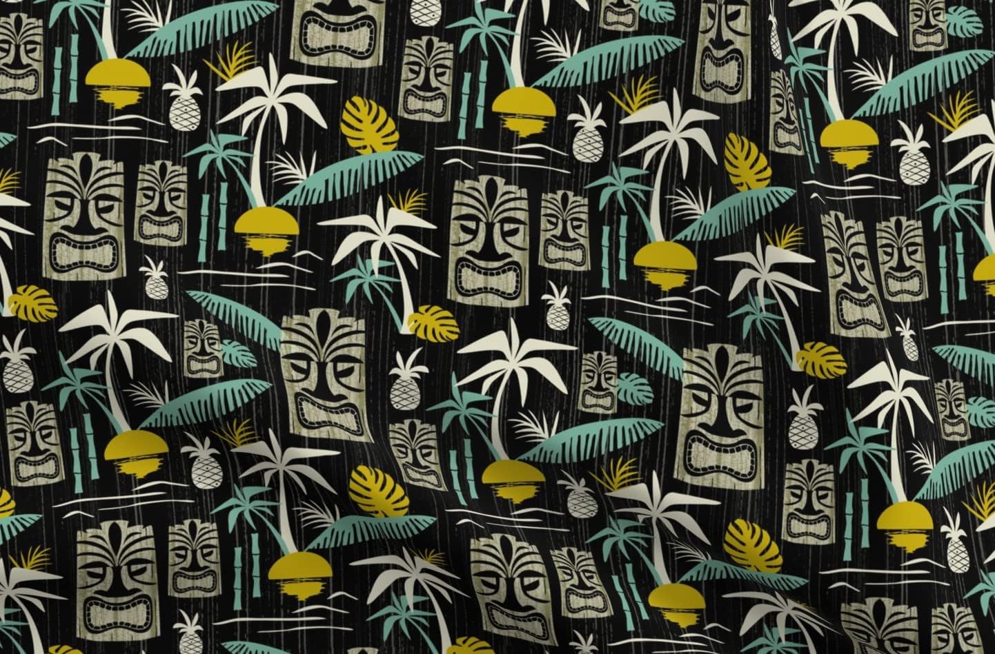 Spoonflower Fabric - Island Tiki Black Tropical Midcentury Modern Vintage Retro Palm Tree Printed on Organic Cotton Sateen Fabric by The Yard - Sewing Quilting Apparel Home Decor