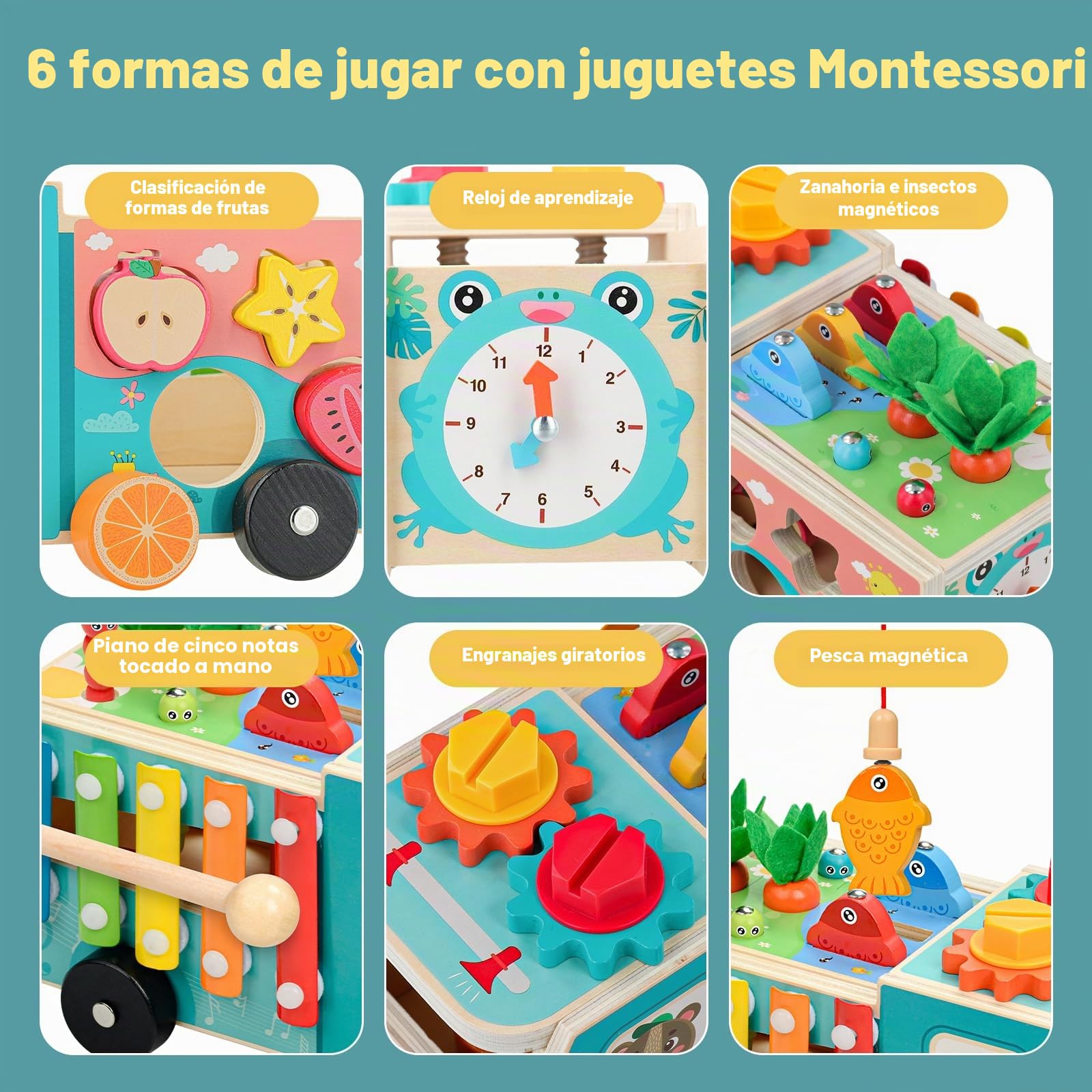 Juguetes Montessori de Madera para Niños 1 2 3 Años, Juguete Educativo 5 en 1 con Pesca, Zanahorias, Xilófono, Engranajes y Coche de Arrastre, Juego Sensorial de Aprendizaje y Regalo Infantil