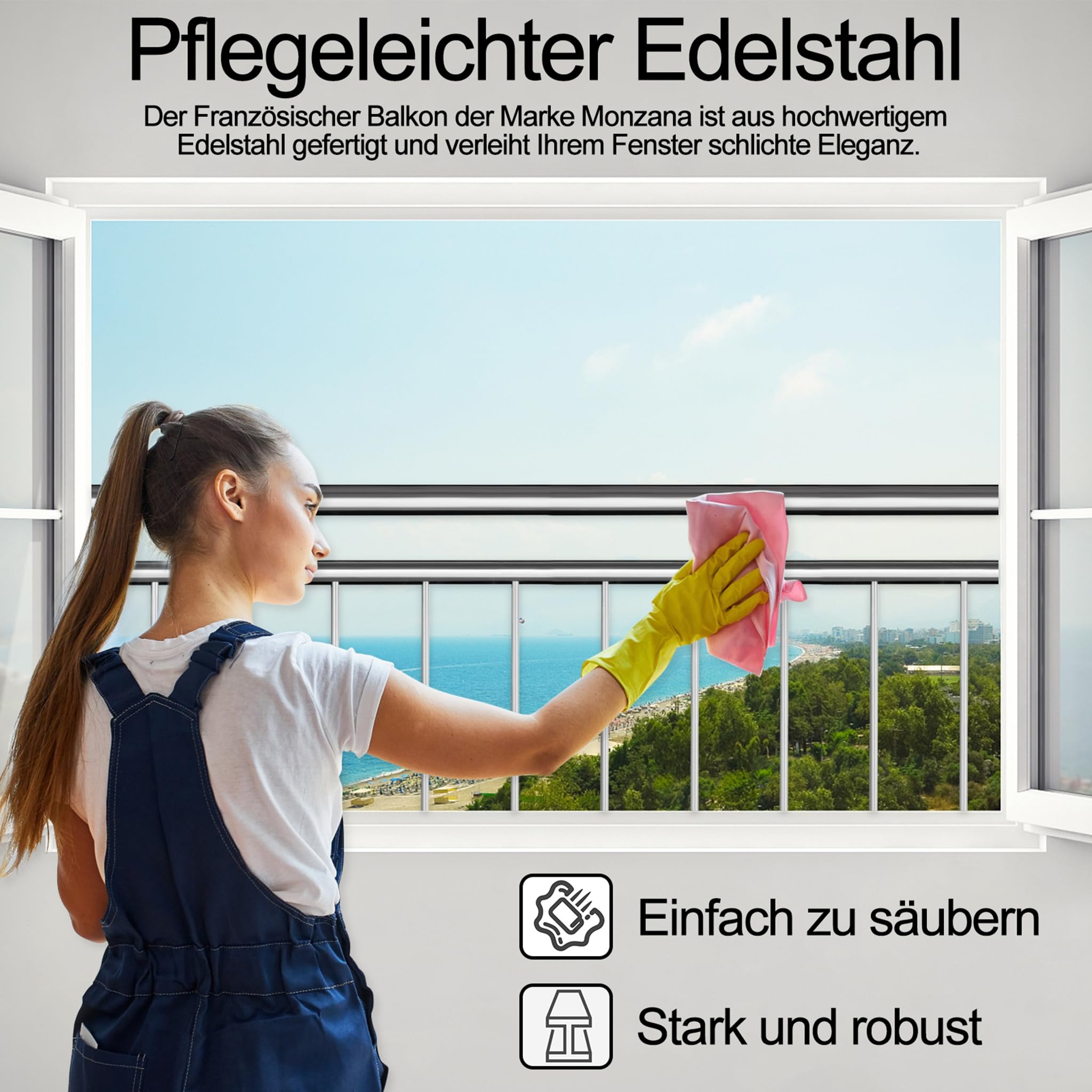SUBTLETY 100x90cm Französisches Balkongeländer Edelstahl Geländer mit Füllstäben Sicherheitsgeländer Handläufe für Terrasse & Fenster Stabile Balustrade mit Befestigungspfählen für Innen und Außen
