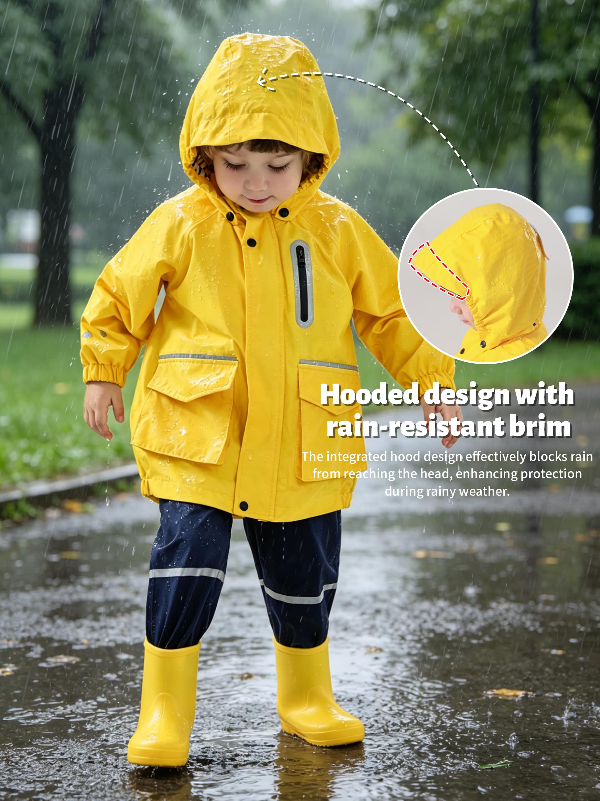 Volunboy Kinder Regenjacke Wasserdicht, Leichte Winddichte Jacke, Abnehmbare Kappe, Reflektorstreifen, Jungen & Mädchen 2-6 Jahre