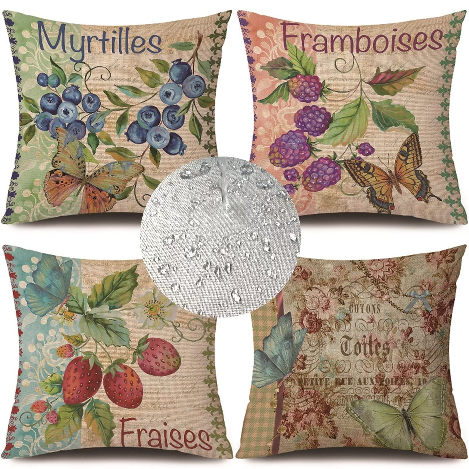 Retrò Federe Cuscini Divano 40 x 40 impermeabile, 4 pezzi 65x65cm Farfalla Cuscino Decorativo per Esterni Cuscini Divano con Zip invisibile, per Cuscini per Divano Giardino Esterni Decor Regali Z-4419