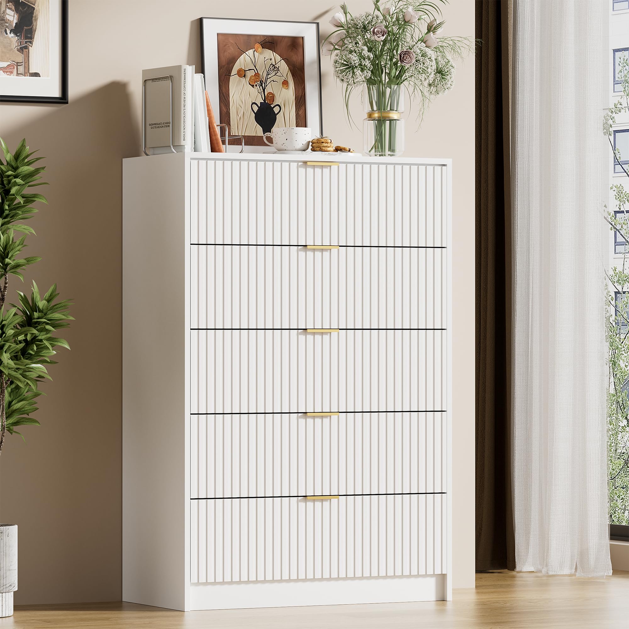 Furniway White Dresser for Bedroom, Modern Dresser with 5 Drawers and Smooth Slides, Wide Chest of Drawers with Golden Handles for Bedroom, Living Room, Closet, 15.7" D x 31.5" W x 47.2" H