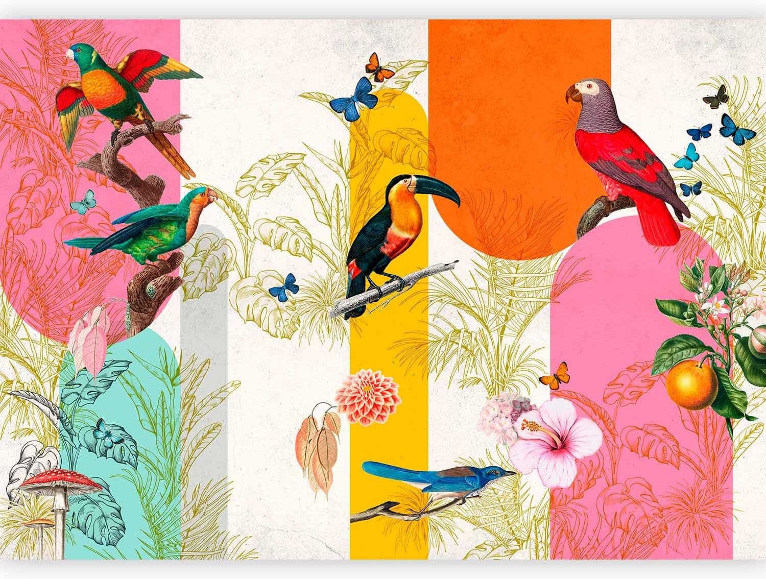 artgeist Wall Mural Botanical Leaves 135x101 in - Peel and Stick Self-Adhesive Wallpaper Removable Large Sticker Foil Wall Decor Print Mural Exotic Tropical Birds Pink Orange Parrots b-C-10378-a-b