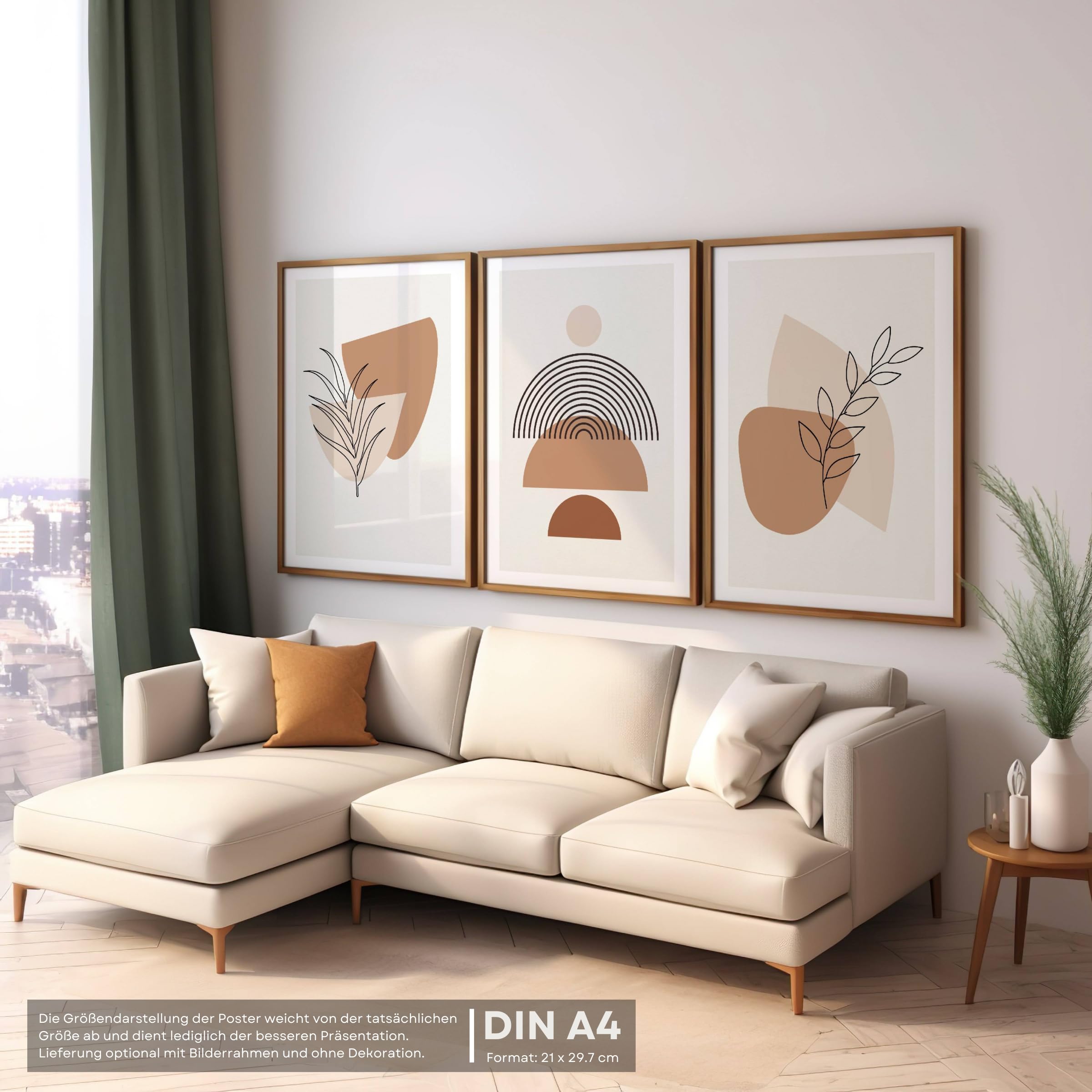 FAVELOT Abstrakte Bilder Set A4 mit schwarzen Rahmen, Poster Aesthetic, Poster Set, Wandbilder Wohnzimmer - Boho Bilder beige, Line Art Bilder, 3x Din A4