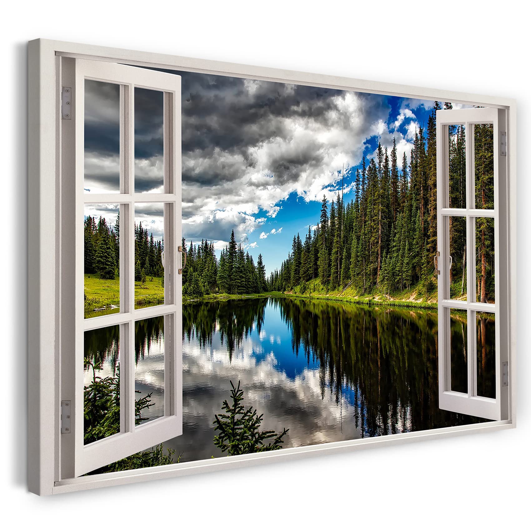 Print on Canvas (100x70 cm) view from the window - lake reflection coniferous forest nature - nature photography, real wood frame with hook