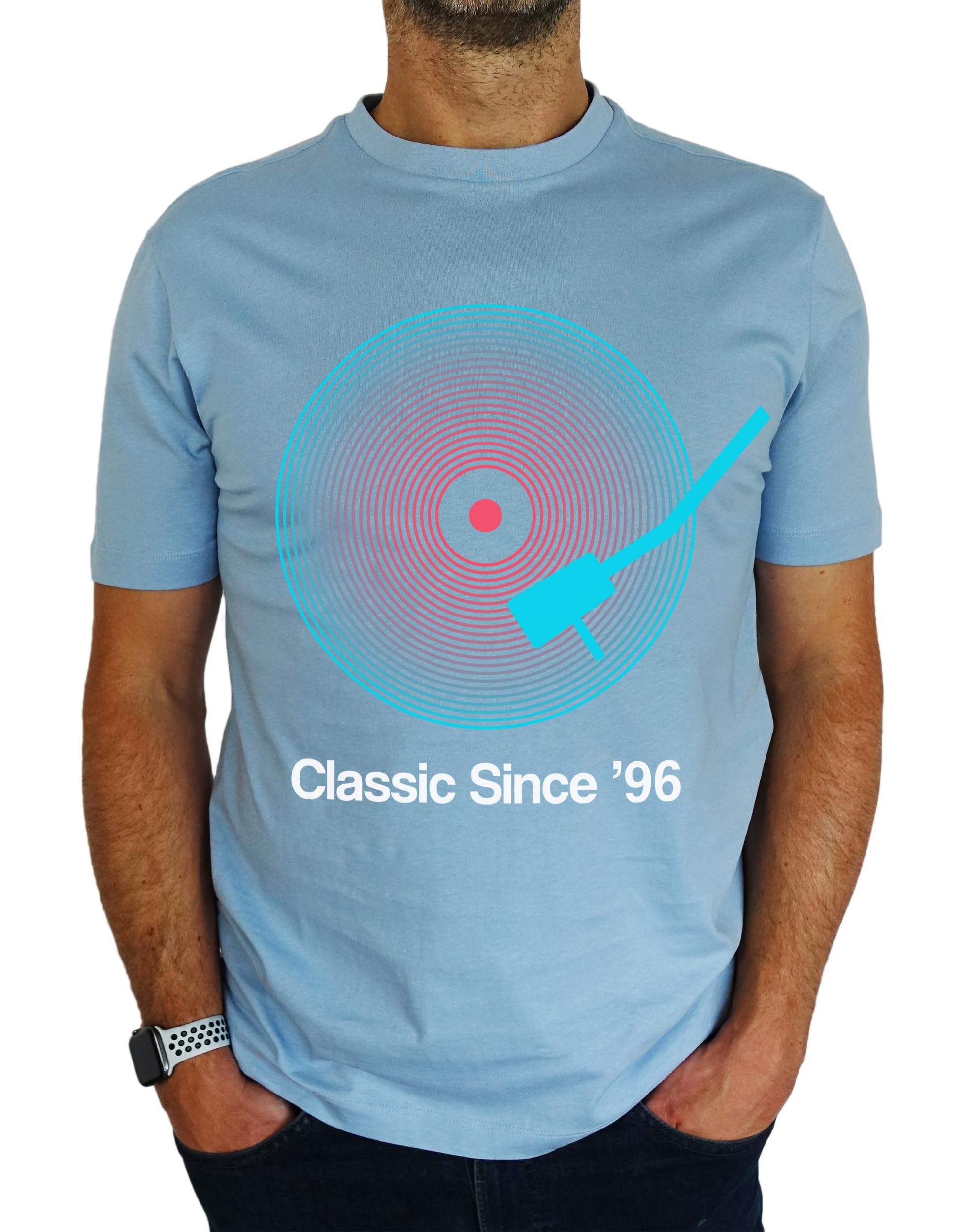 1996 Vinyl Record Neon - Classic Since - 30th Birthday Gift | Present Mens T-Shirt Sky Blue L
