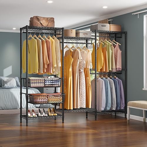 Miniatura 6 de VIPEK V10 Perchero de Alambre Mediano Resistente para Ropa, Perchero de Ropa Independiente Armario Guardarropa Metálico con 2 Cestas Deslizantes,