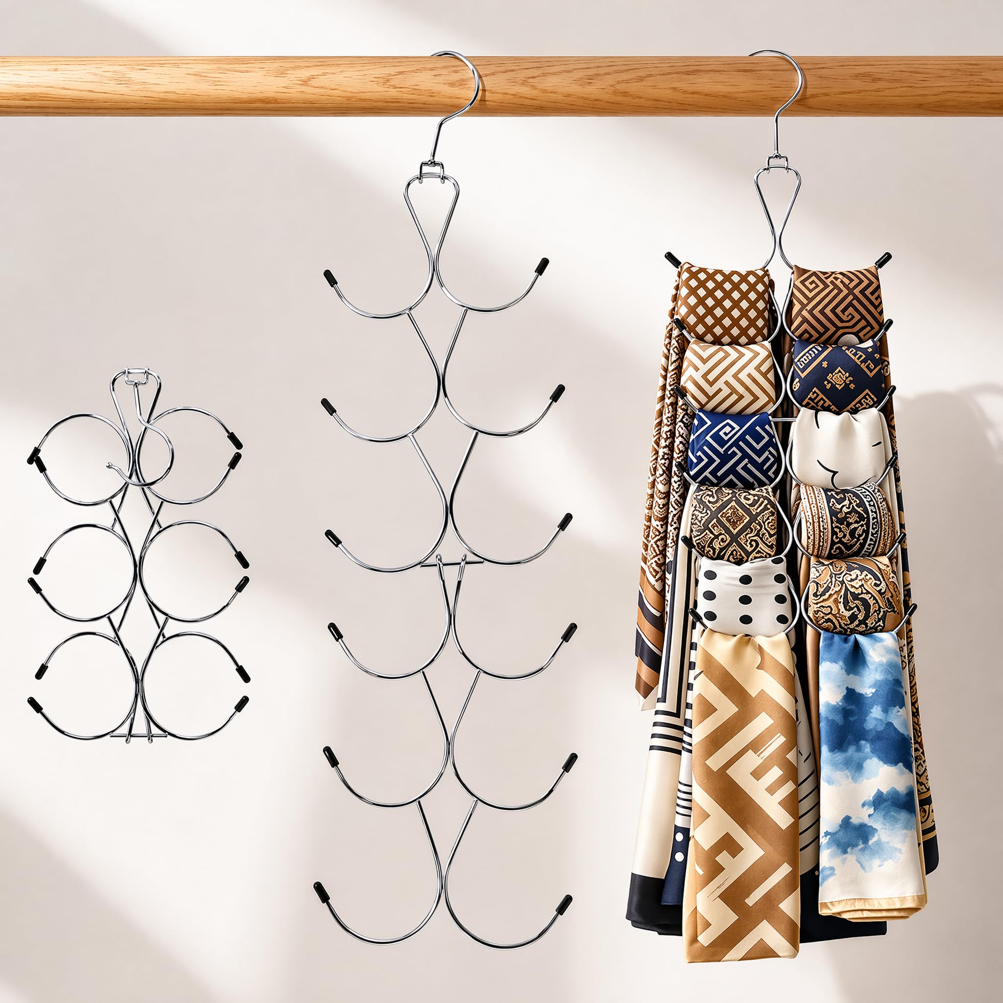 Xygobla 2PCS Scarf Hanger with 12 Hooks,360° Rotating Metal Hanging Scarf Organiser,Space Savers Scarf Rack Foldable Purse Hanger Closet Scarfs Holder for Wardrobe,Shawl,Hijab,Belts,Purses,Silver