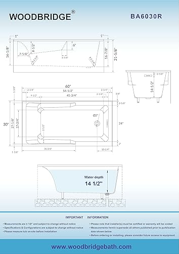 Miniatura 6 de WOODBRIDGE Bañera rectangular de acrílico de 60 pulgadas en blanco con drenaje derecho, desagüe desplegable negro mate incluido BA6030R