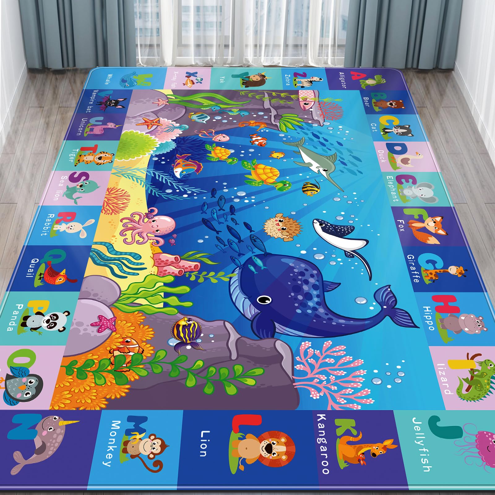 LTKOUGFAM Baby Play Mat for Floor - ABC Kids Rugs for Playroom - Sea Animal Play Rug - Ocean Playmat Crawling Tummy Time Mat, Non-Toxic Non-Slip Rugs