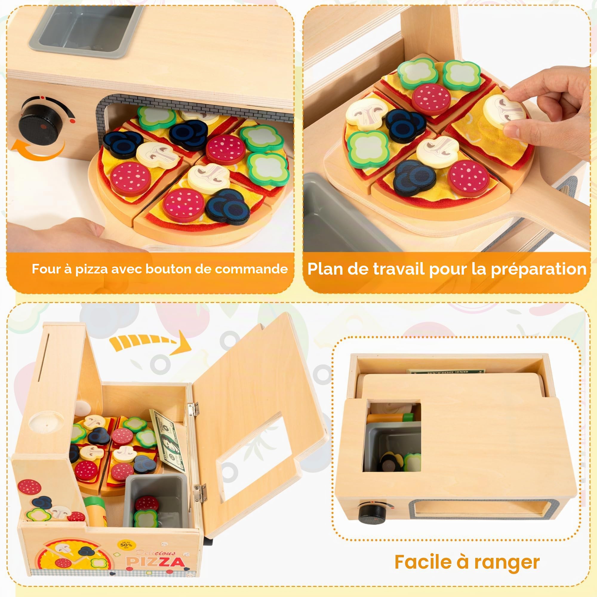 Jouet à pizza en bois 48 pcs Montessori faire semblant de jouer à la nourriture pour les enfants de 3 ans et + jouet d’apprentissage éducatif avec four de cuisson cadeau d’anniversaire de Noël pour