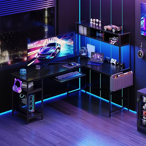 Miniatura 7 de DUMOS Escritorio para juegos en forma de L de 67 pulgadas, escritorio reversible para computadora con luces LED, mesa esquinera con bandeja para