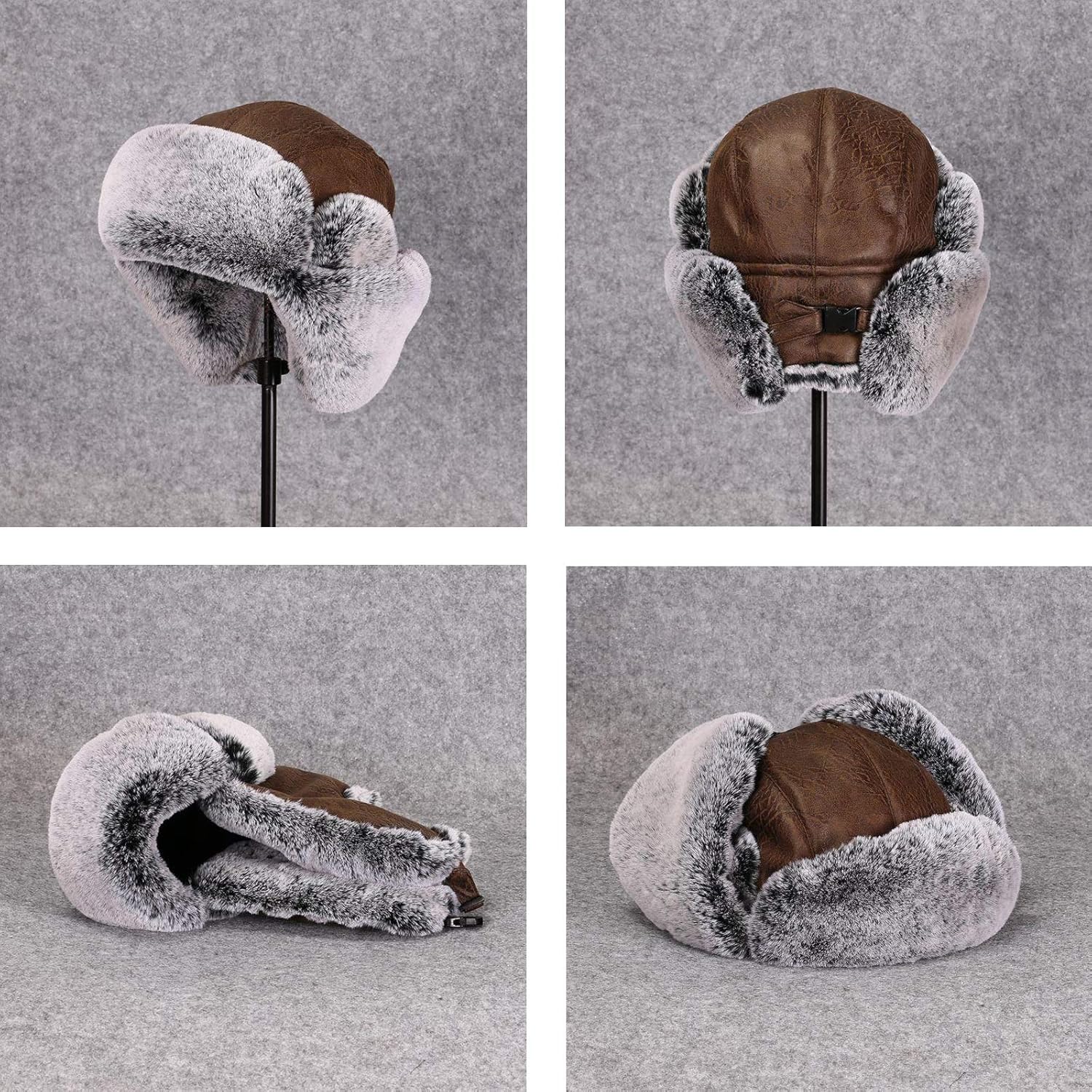 Gorros de invierno, Gorro de aviador de invierno, Gorro de Cuero Artificial, Gorro de piloto para esquí al aire Libre y Nieve(Brown-58cm)