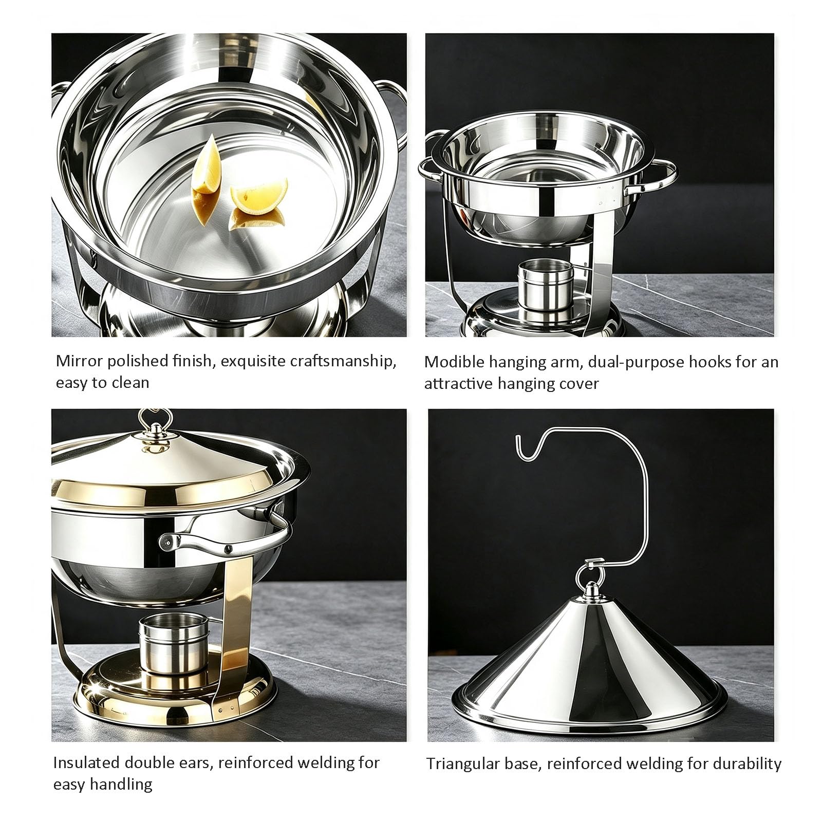 Calentadores De Alimentos De 9 litros para Buffet (9L,Sliver) | Soportes Para Combustible, Calentadores De Buffet Redondos Con Gancho, Para Bodas, Hoteles, Fiestas Y Banquetes