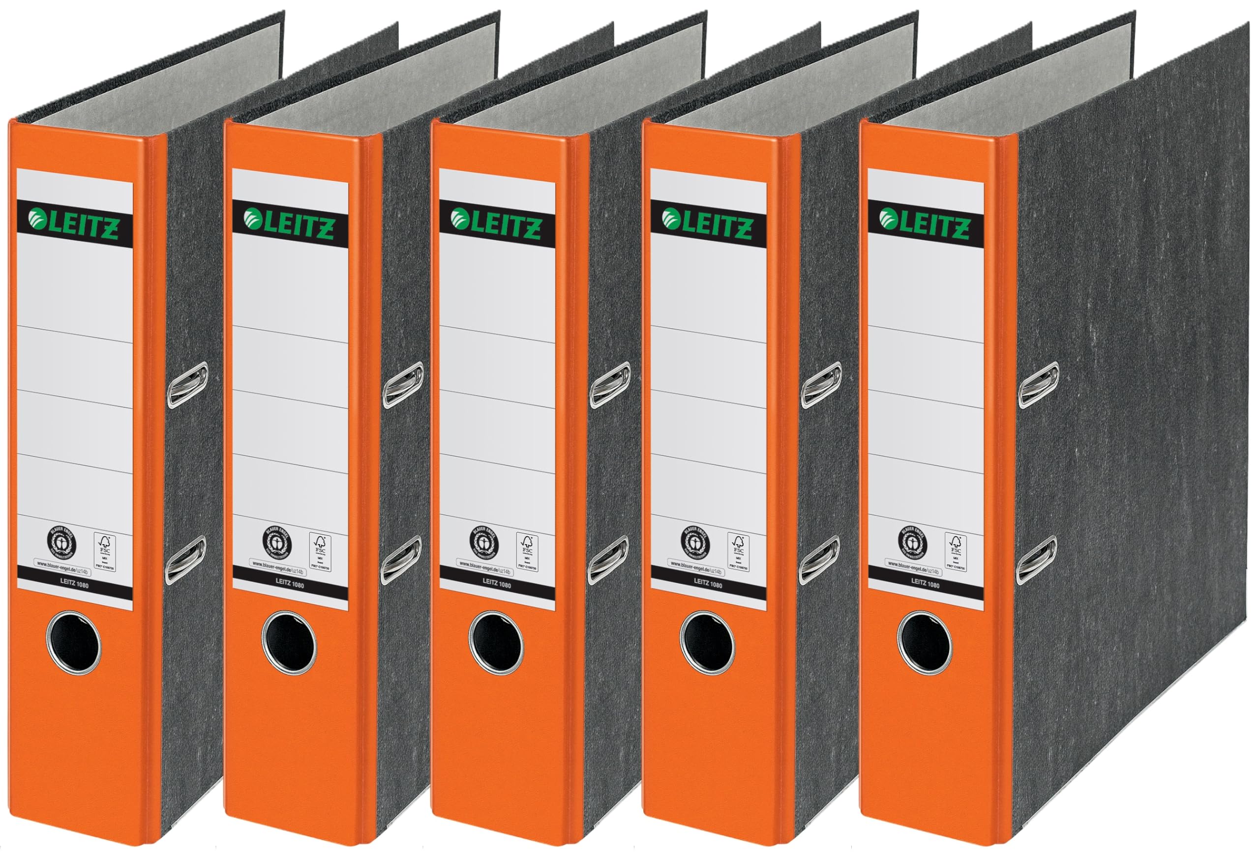Leitz Qualitäts-Ordner, das Original, DIN A4 Aktenordner 8 cm breit, Wolkenmarmor-Papier, Recycling-Ordner, Blauer Engel, Mit 180° Mechanik, Höchste Stabilität (Breit, Orange, 5 Stück)