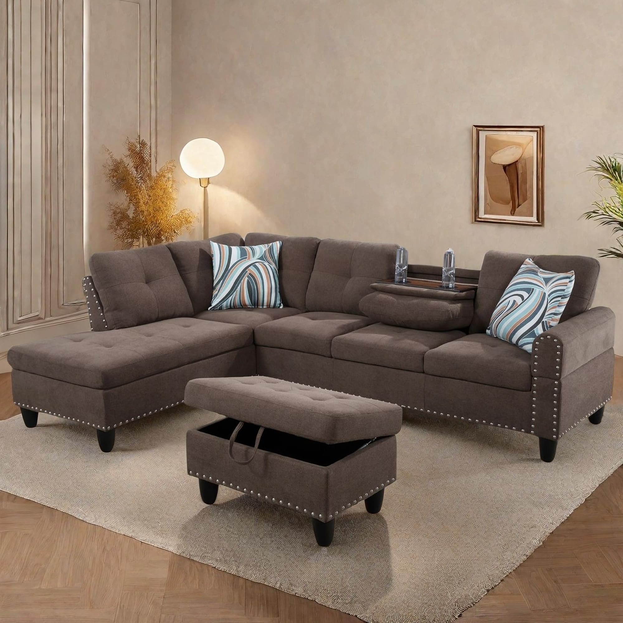 L Shaped Sectional Couches, Modular Sectional Sofa with Ottoman Storage, Nail-Head Design Lounge Sofa with Reversible Cup Holder for Living Room, Bedroom, Brown