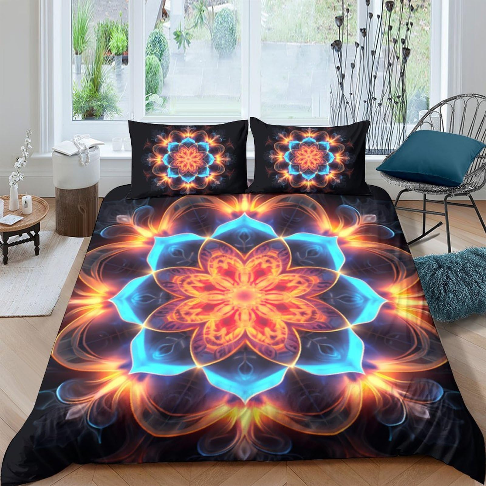 Ctjqhvkz Style-9 3D Printed Mandala Fitted Sheet Microfiber Soft Vibrant Lotus Bed Cover Orange Blue Bedroom Decor Mattress Protection Single（135X200cm）