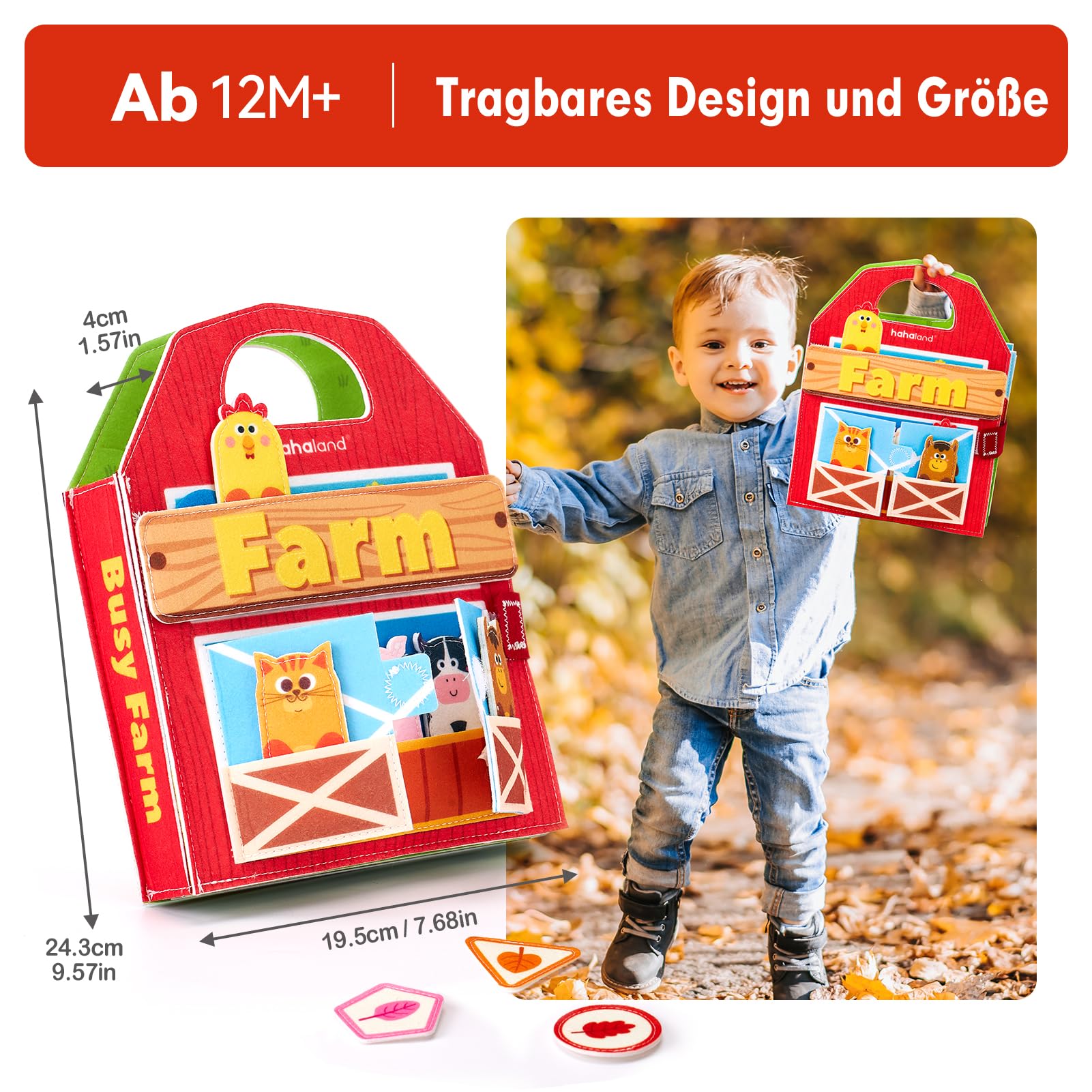 hahaland Busy Board ab 1 Jahr, 3D Filz Bauernhof Quiet Book ab 1 Jahre, Förderung Feinmotorischen Fähigkeiten, Busy Book für Autofahrt, Frühes Lernen Montessori Spielzeug ab 1 Jahr für Geschenk