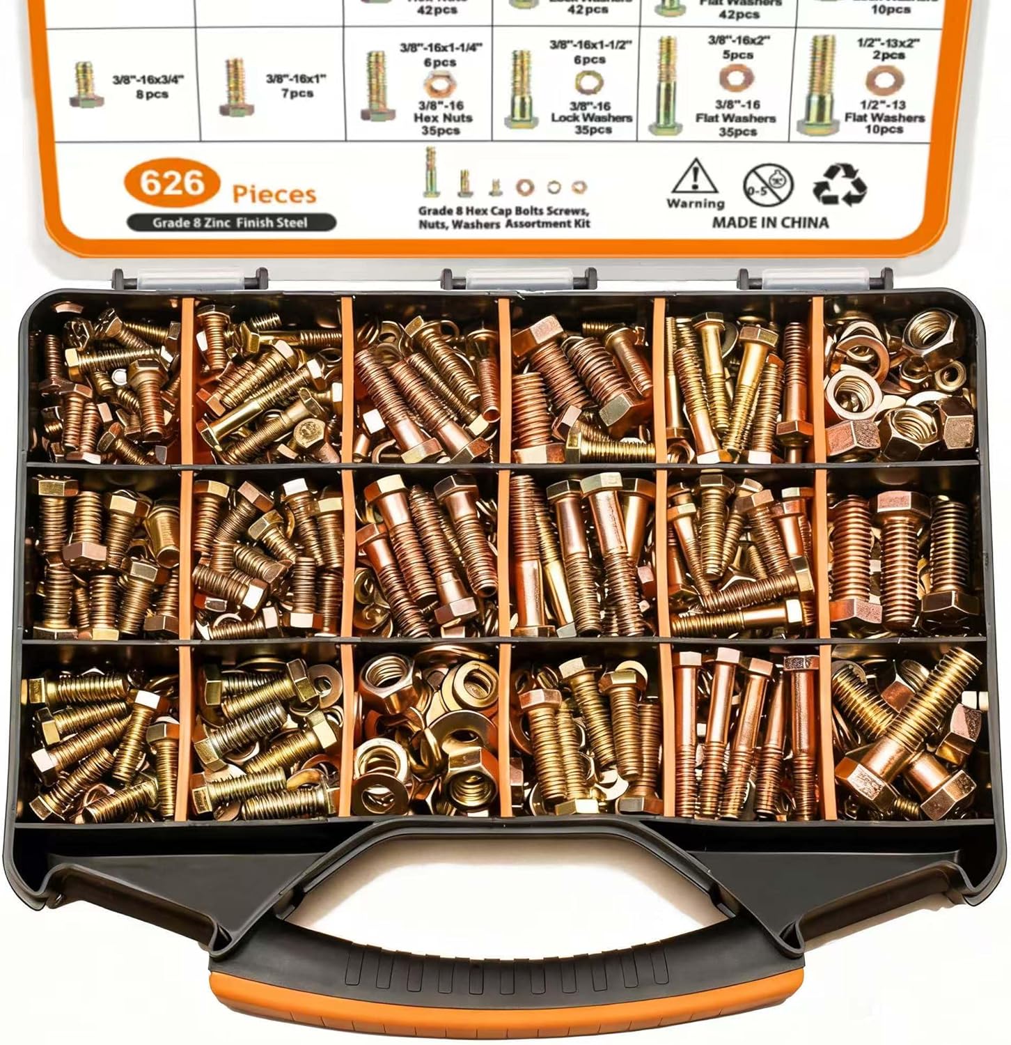 626PCS Grade 8 Bolt Assortment Kit, Heavy Duty SAE Bolts and Nuts Kit, Including 1/4-20 5/16-18 3/8-16 1/2-13 SAE Sizes